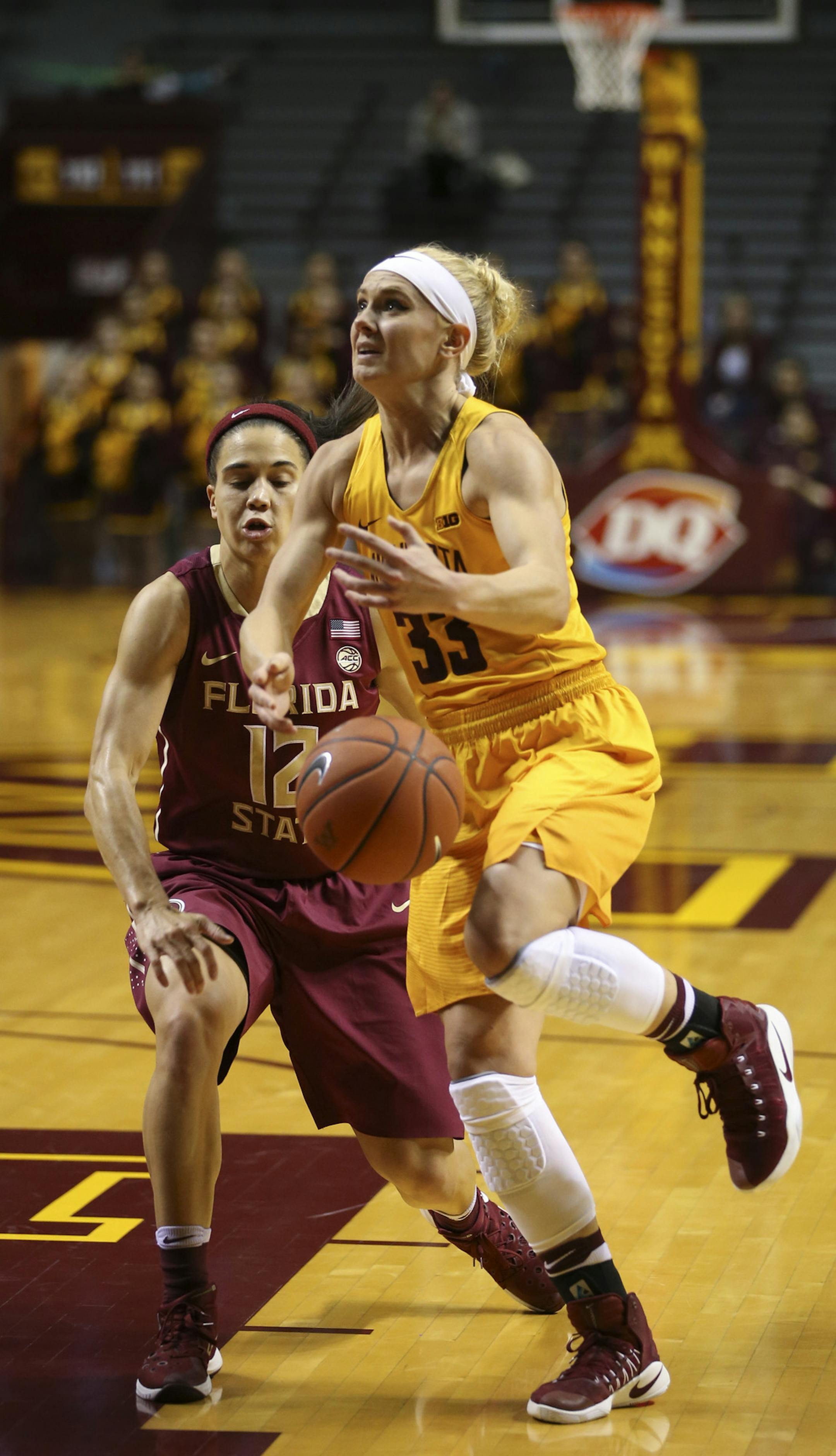 Seminoles guard Brittany Brown (12) stripped the ball from Gophers guard Carlie Wagner (33) as she drove to the net in the third quarter. ] JEFF WHEELER &#xef; jeff.wheeler@startribune.com The University of Minnesota women's basketball team lost 75-61 to Florida State University Wednesday night, November 30, 2016 at Williams Arena in Minneapolis.