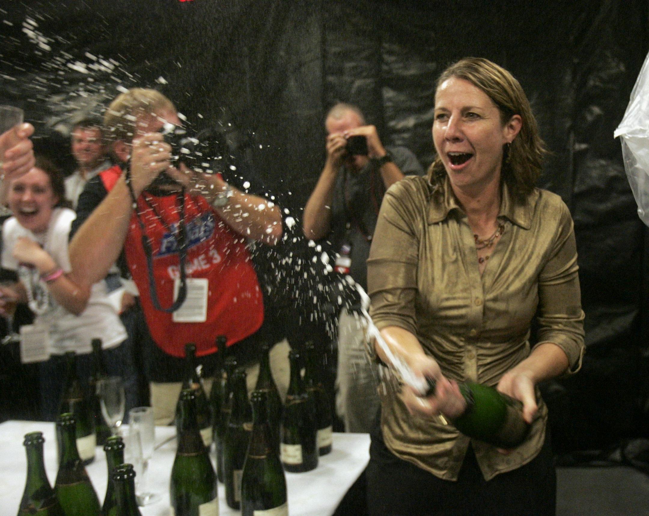 Minnesota Lynx head coach Cheryl Reeve celebrates their teams 73-67 victory over the Atlanta Dream to win the WNBA Finals 3-0 at Phillips Arena in Atlanta , GA , Friday, October 7, 2011.