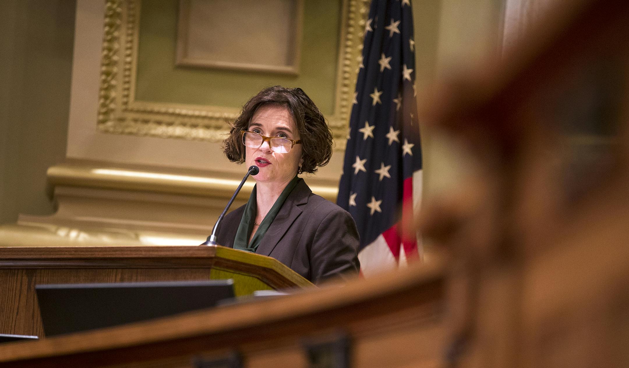 Minneapolis Mayor Betsy Hodges delivers her 2016 budget address to the City Council at Minneapolis City Hall on Aug. 12, 2015. LEILA NAVIDI leila.navidi@startribune.com
