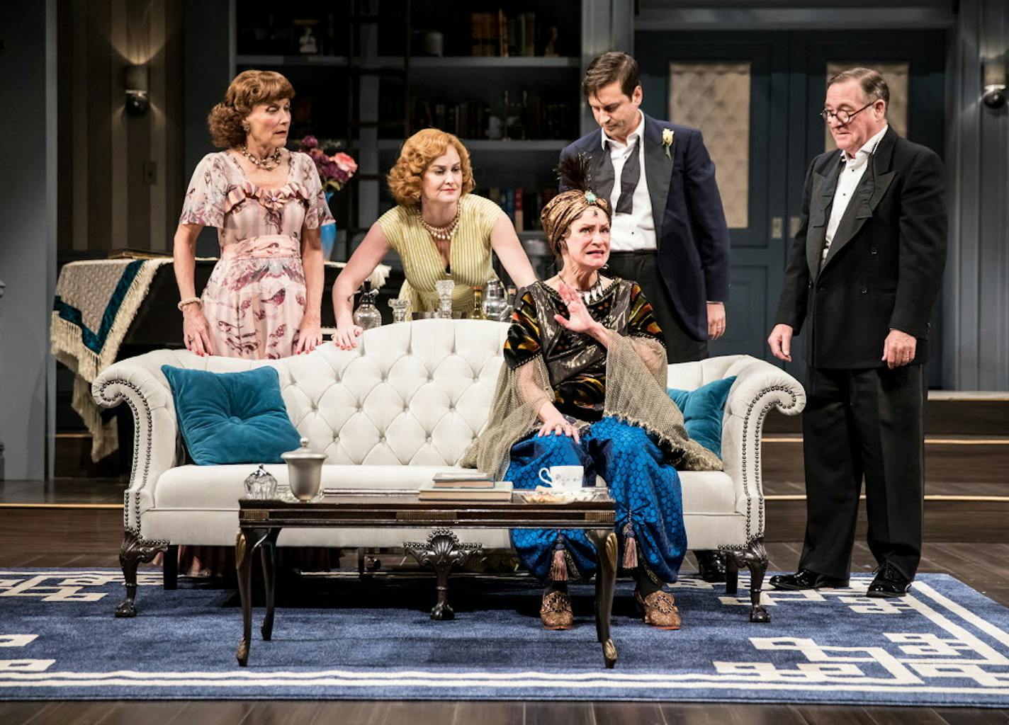 Amy Warner (Mrs. Bradman), Heidi Armbruster (Ruth), Sally Wingert (Madame Arcati), Quinn Mattfeld (Charles Condomine) and Bob Davis (Dr. Bradman) in "Blithe Spirit."