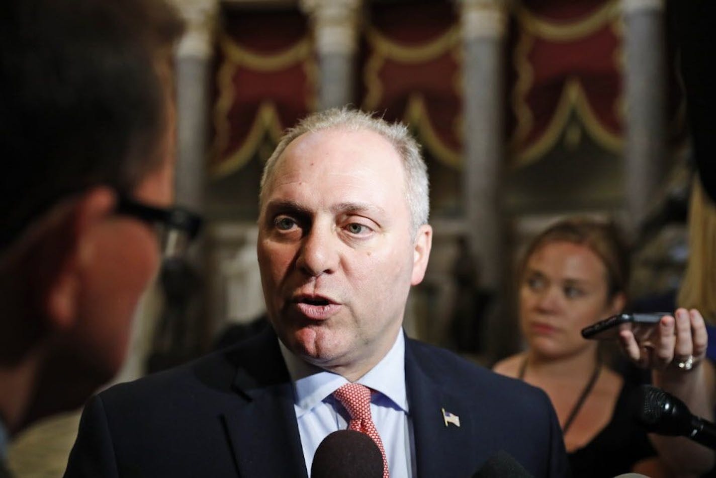 Majority Whip Rep. Steve Scalise, R-La., speaks with the media on Capitol Hill, Wednesday, May 17, 2017 in Washington.