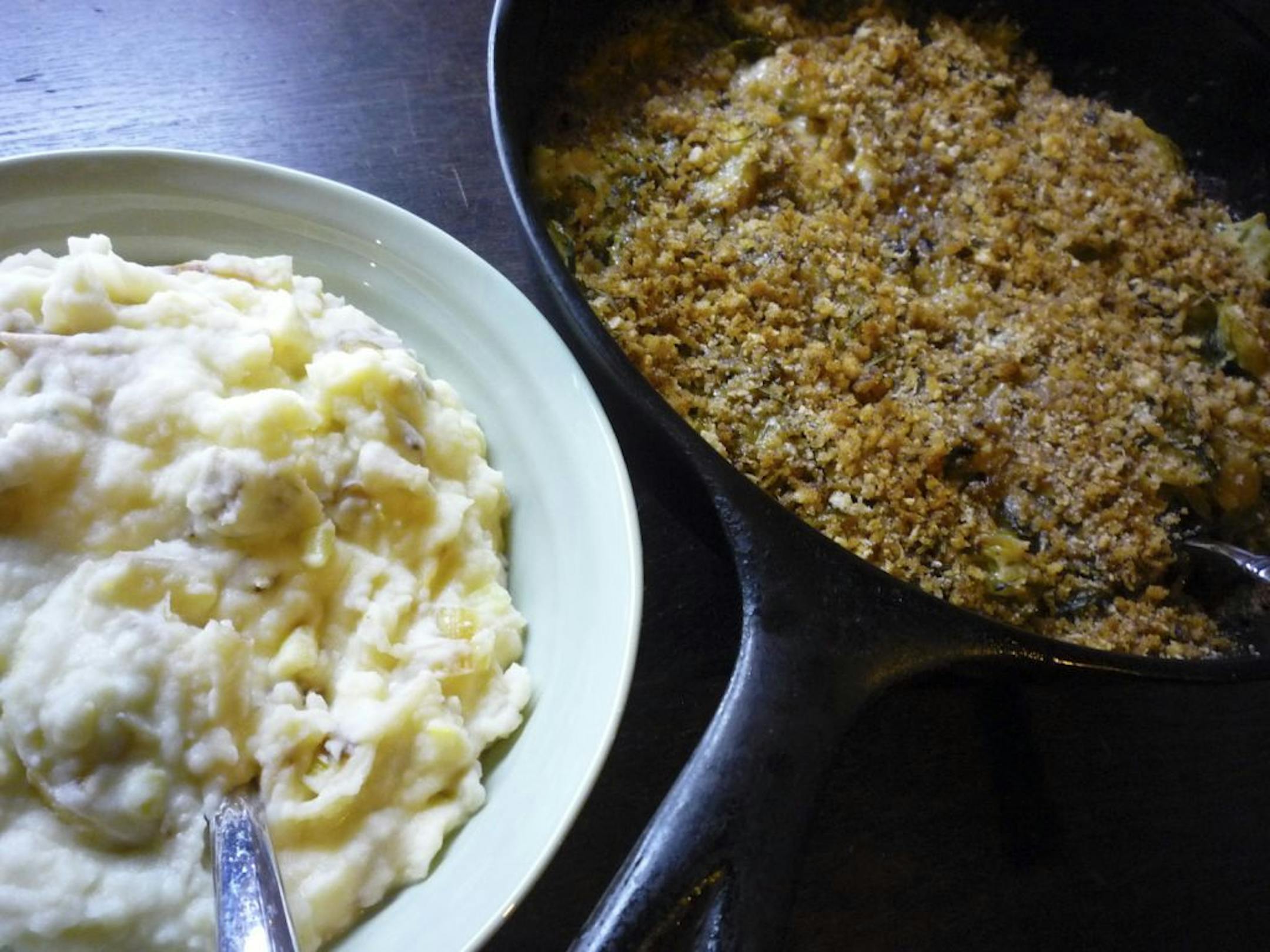Sour Cream and Leek Mashed Potatoes and Pan-Roasted Brussels Sprouts Gratin with Shallots and Rosemary are new twists on old favorites.