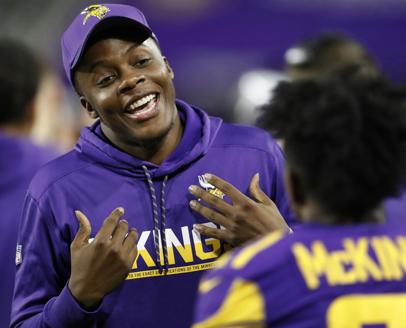 Minnesota Vikings quarterback Teddy Bridgewater (5) talked with running back Jerick McKinnon (21) on the sideline at U.S. Bank Stadium Thursday December 01,2016 in Minneapolis MN. The Minnesota Vikings hosted the Dallas Cowboys ] Jerry Holt / jerry. Holt@Startribune.com