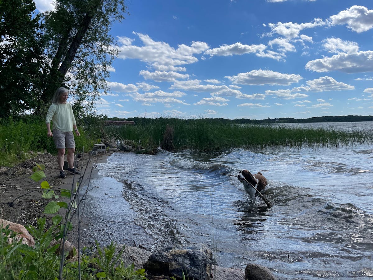 Jane McLandress, pictured along the shore of her Lake Jewett home with dog Oskar on Tuesday, June 11. She used to live next to a noisy Airbnb until th