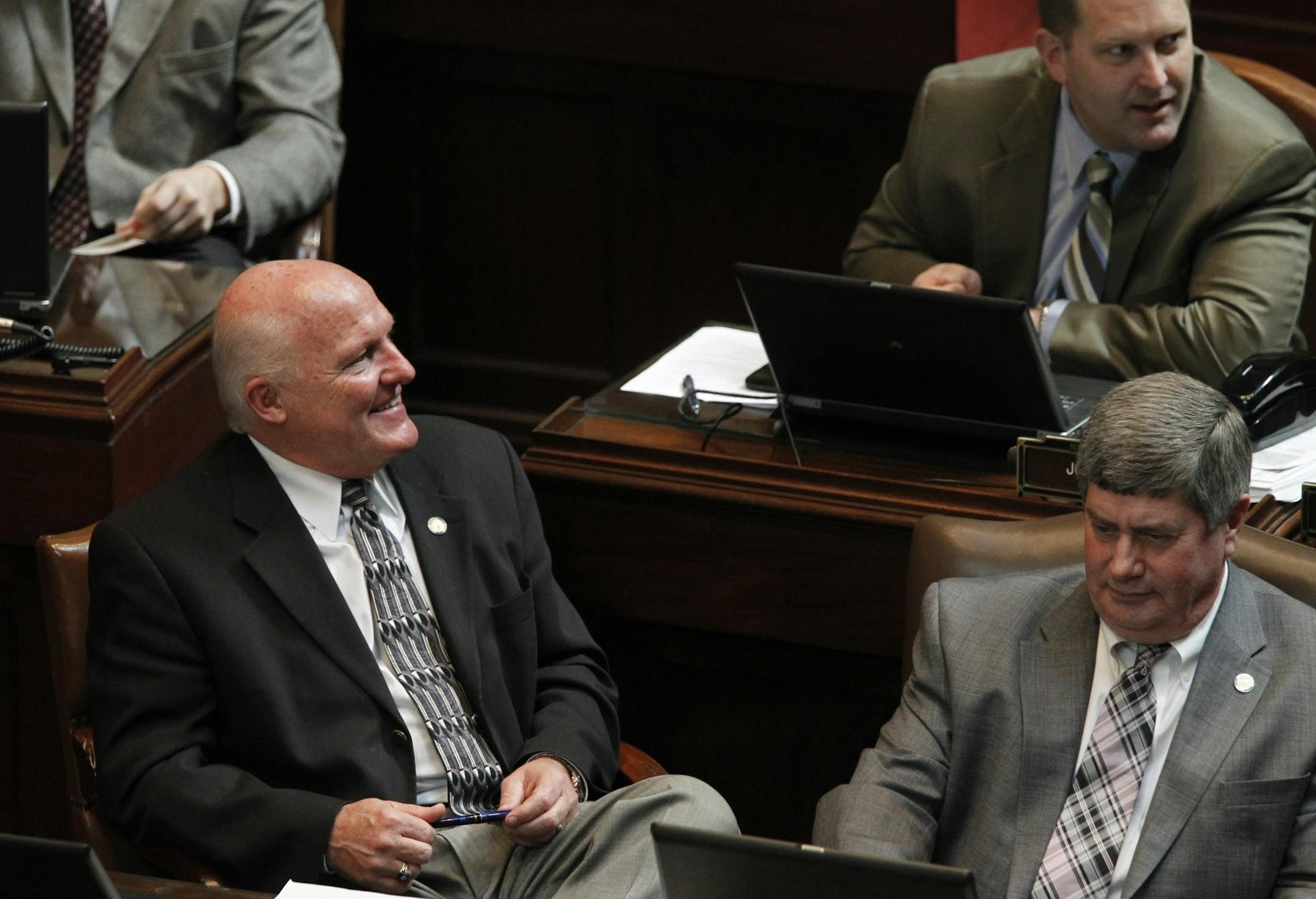 In the Minnesota Senate, Republican Senators Mike Parry, John Pederson(back), and John Wallace looked on in astonishment as Democratic Senator Sandra L. Pappas went on about the merits of the Science Museum and the King Tut exhibit.