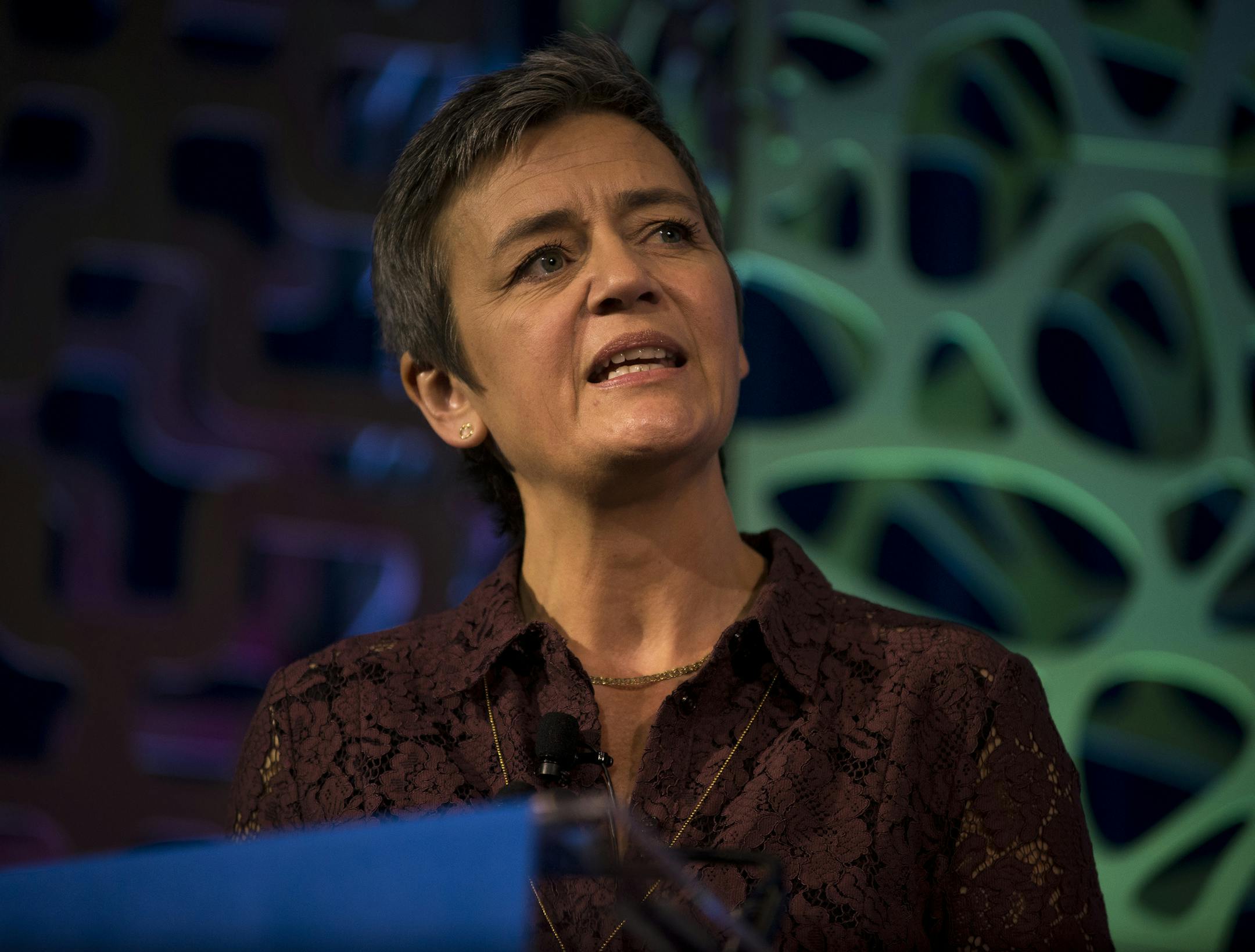 Margrethe Vestager, Europe’s competition commissioner, speaks at the American Bar Association in Washington, April 13, 2018. Her rulings against Apple, Facebook, Google and Qualcomm have positioned the European Union as the world’s de facto Big Tech regulator — and established Vestager as an international regulatory celebrity. (Gabriella Demczuk/The New York Times) ORG XMIT: XNYT23