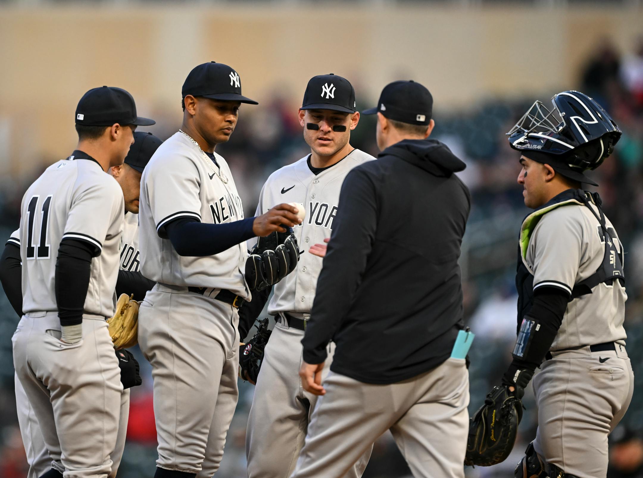 New York Yankees starting pitcher Jhony Brito is relived of pitching duties in the bottom of the third inning against the Minnesota Twins Monday night.