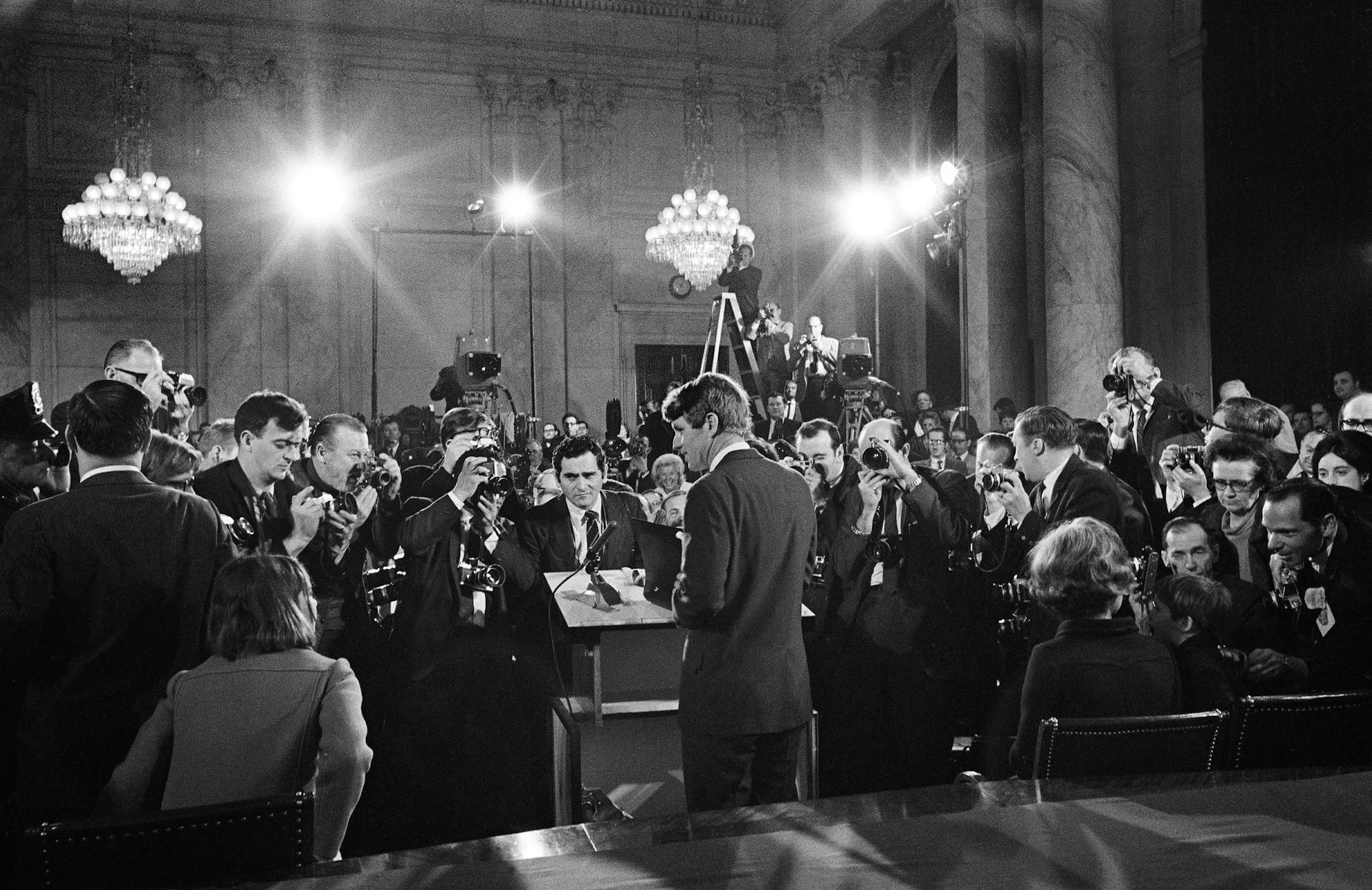 FILE ó Robert F. Kennedy announces his presidential candidacy in Washington, March 16, 1968. His death that June had a powerful and immediate effect on the American political psyche, intensified by its proximity to the assassination of Martin Luther King Jr. (George Tames/The New York Times)