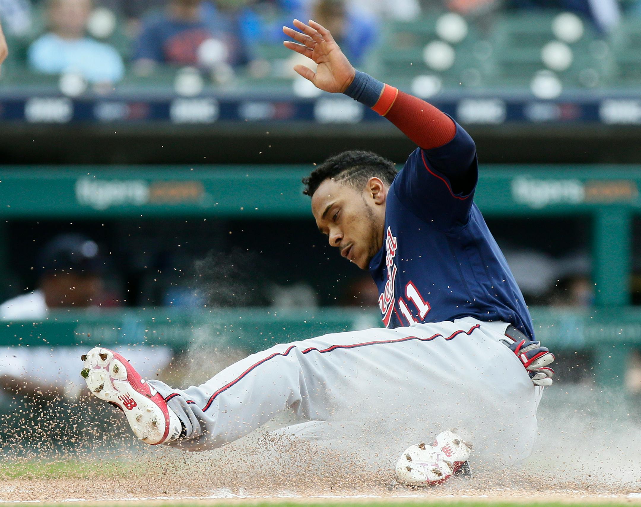 Jorge Polanco (11) of the Minnesota Twins scores against the Detroit Tigers on a double by Mitch Garver during the first inning on Sunday, June 9, 2019 at Comerica Park in Detroit, Mich. (Duane Burleson/Getty Images/TNS) **FOR USE WITH THIS STORY ONLY** ORG XMIT: 1333387
