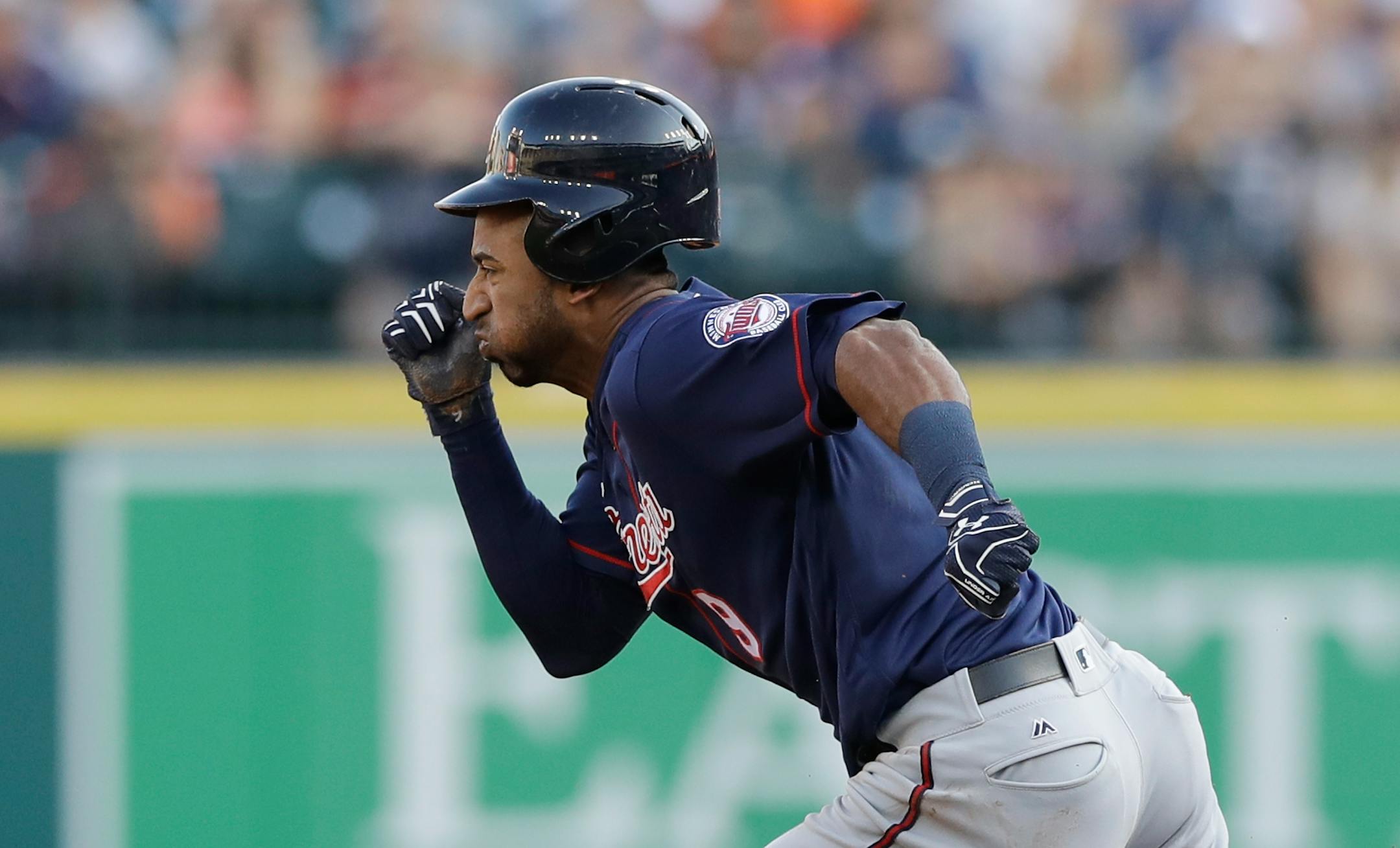Minnesota Twins' Eduardo Nunez attempts a steal of second during the first inning of a baseball game against the Detroit Tigers, Tuesday, July 19, 2016 in Detroit. (AP Photo/Carlos Osorio)