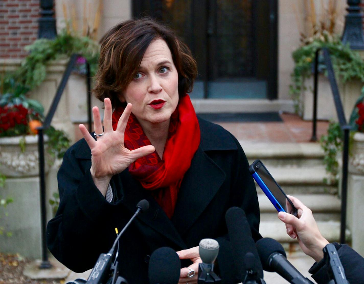 Minneapolis Mayor Betsy Hodges met with reporters outside the governor's mansion after a meeting with the local an national leadership of the NAACP and Gov. Mark Dayton.