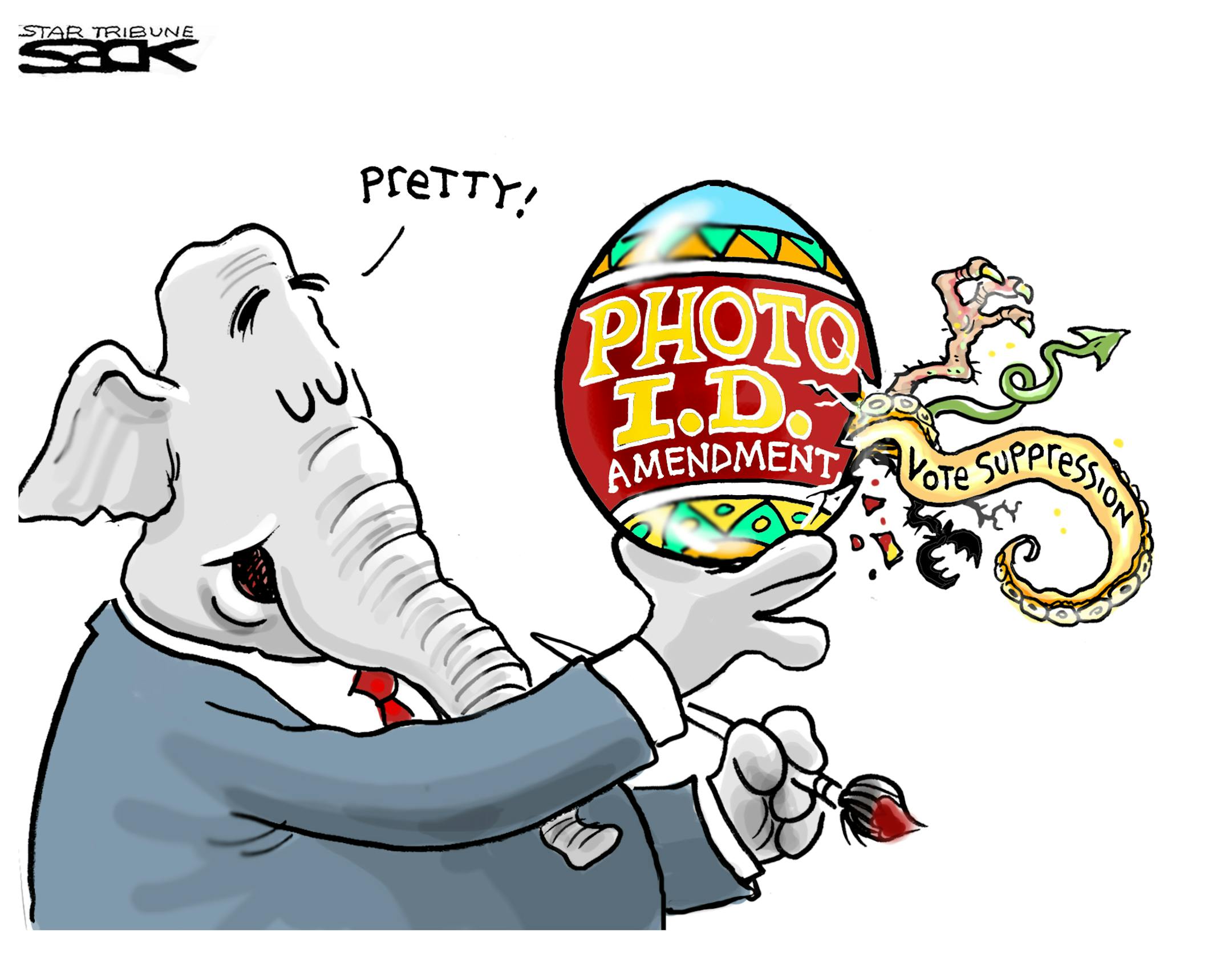 Steve Sack editorial cartoon for April 8, 2012. Topic: Photo ID amendment.