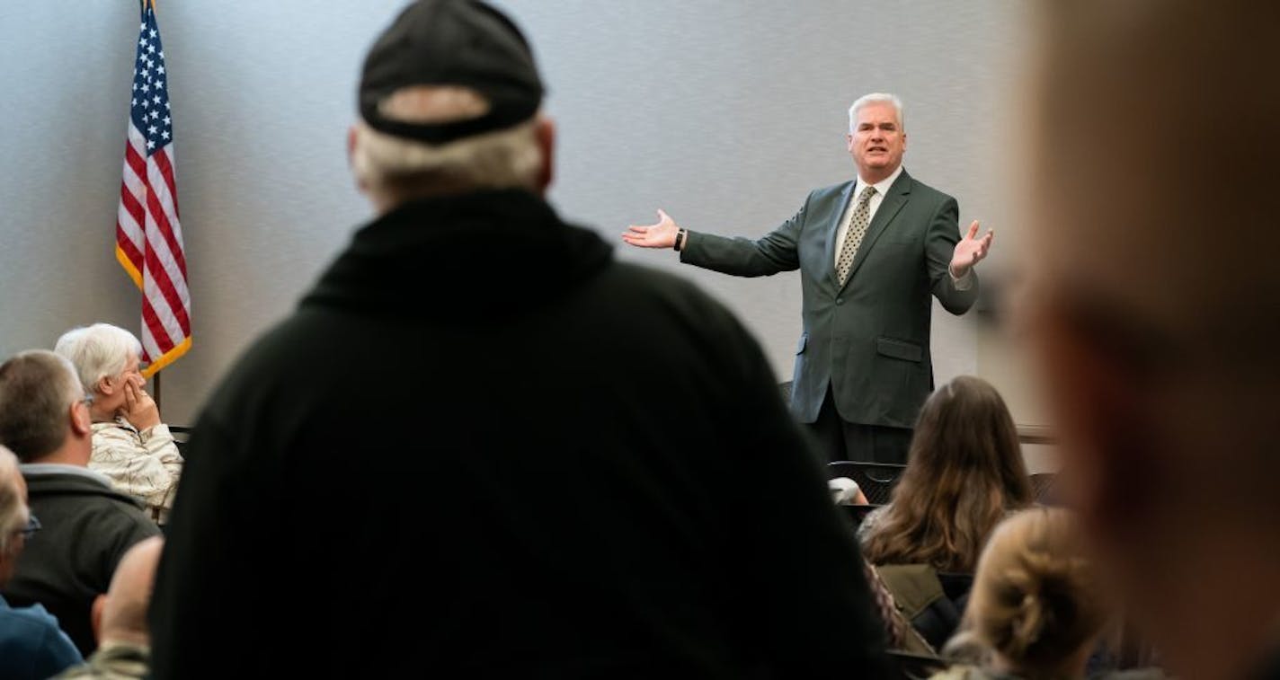 U.S. Rep. Tom Emmer answered a question from Darrell Maus of Andover during Emmer's town hall.