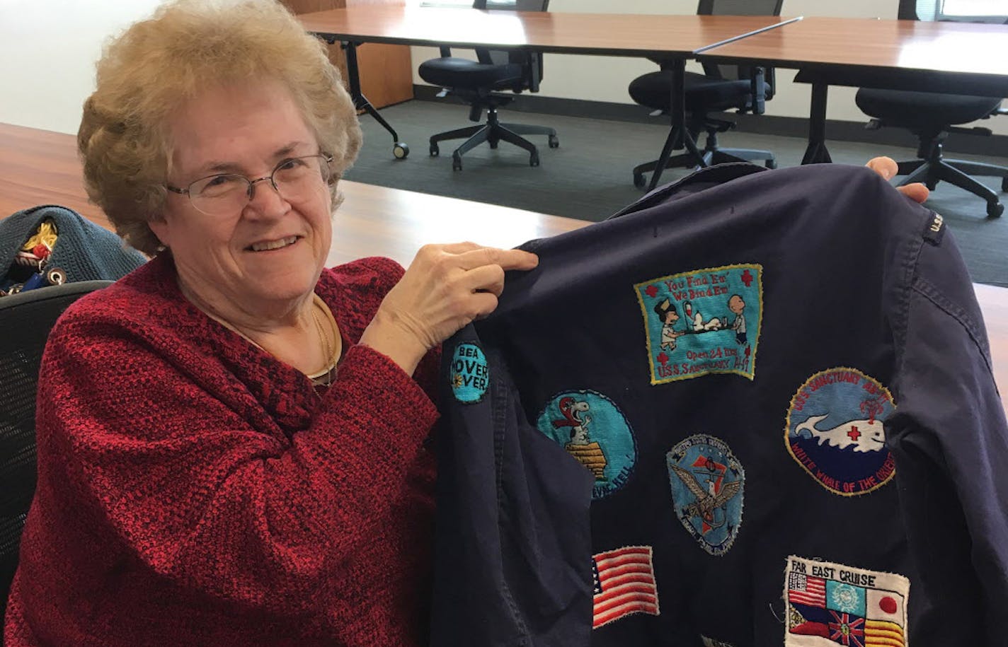 Betty Jeanne Mahaffey, an ob/gyn nurse practitioner, served in the Navy from 1969 to 1992, including a tour in Vietnam on a hospital ship in 1971. Among the mementos she keeps: her military jacket.