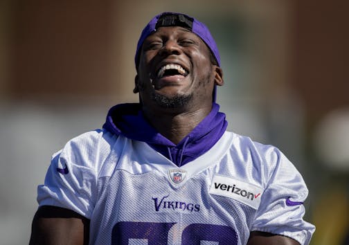 Minnesota Vikings defensive back Xavier Rhodes joked with a teammate before the morning practice.