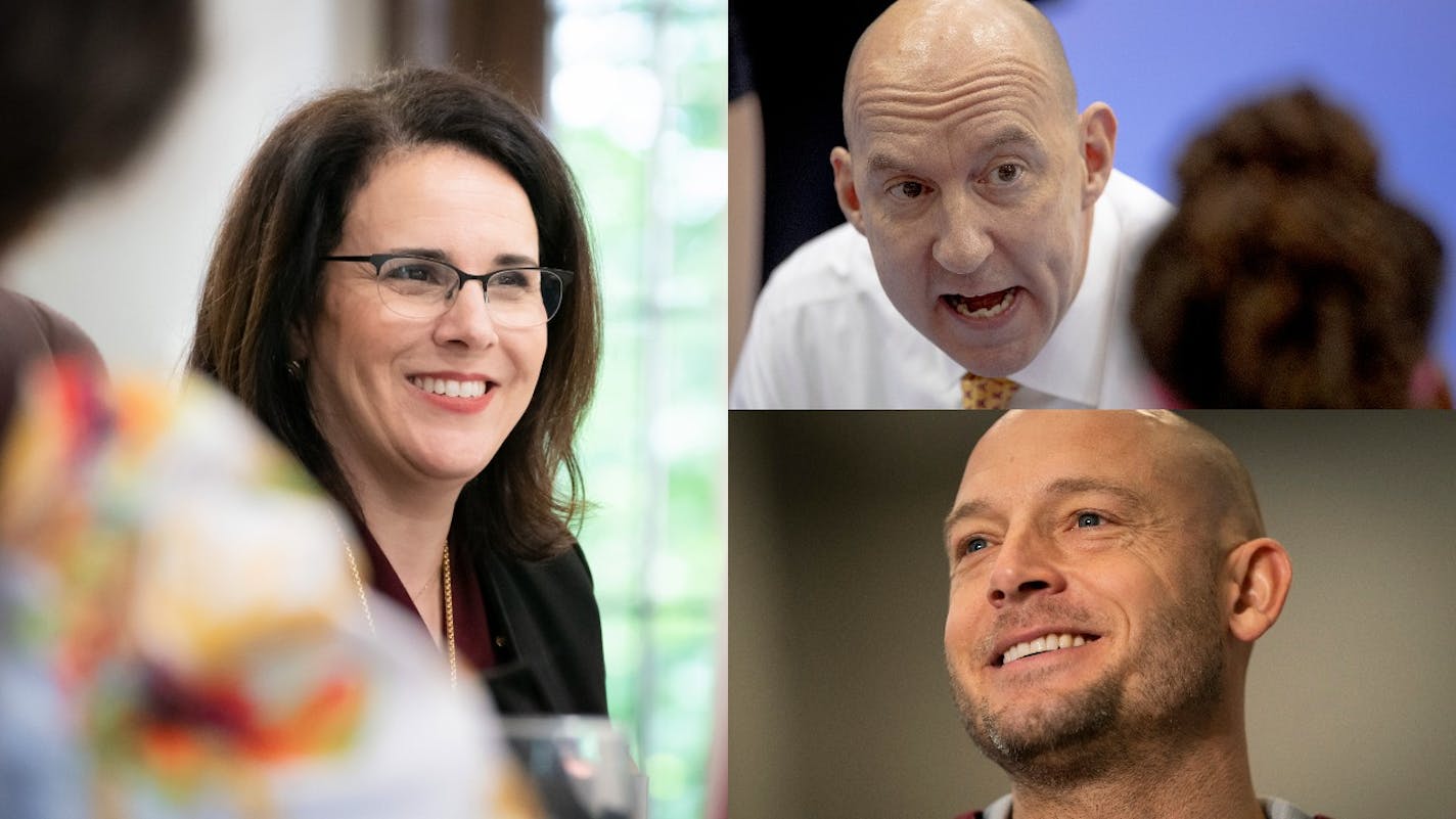 University of Minnesota President Joan Gabel, volleyball coach Hugh McCutcheon (top right) and football coach P.J. Fleck will be part of the Gophers' representation on the Big Ten's new Anti-Racism Coalition.