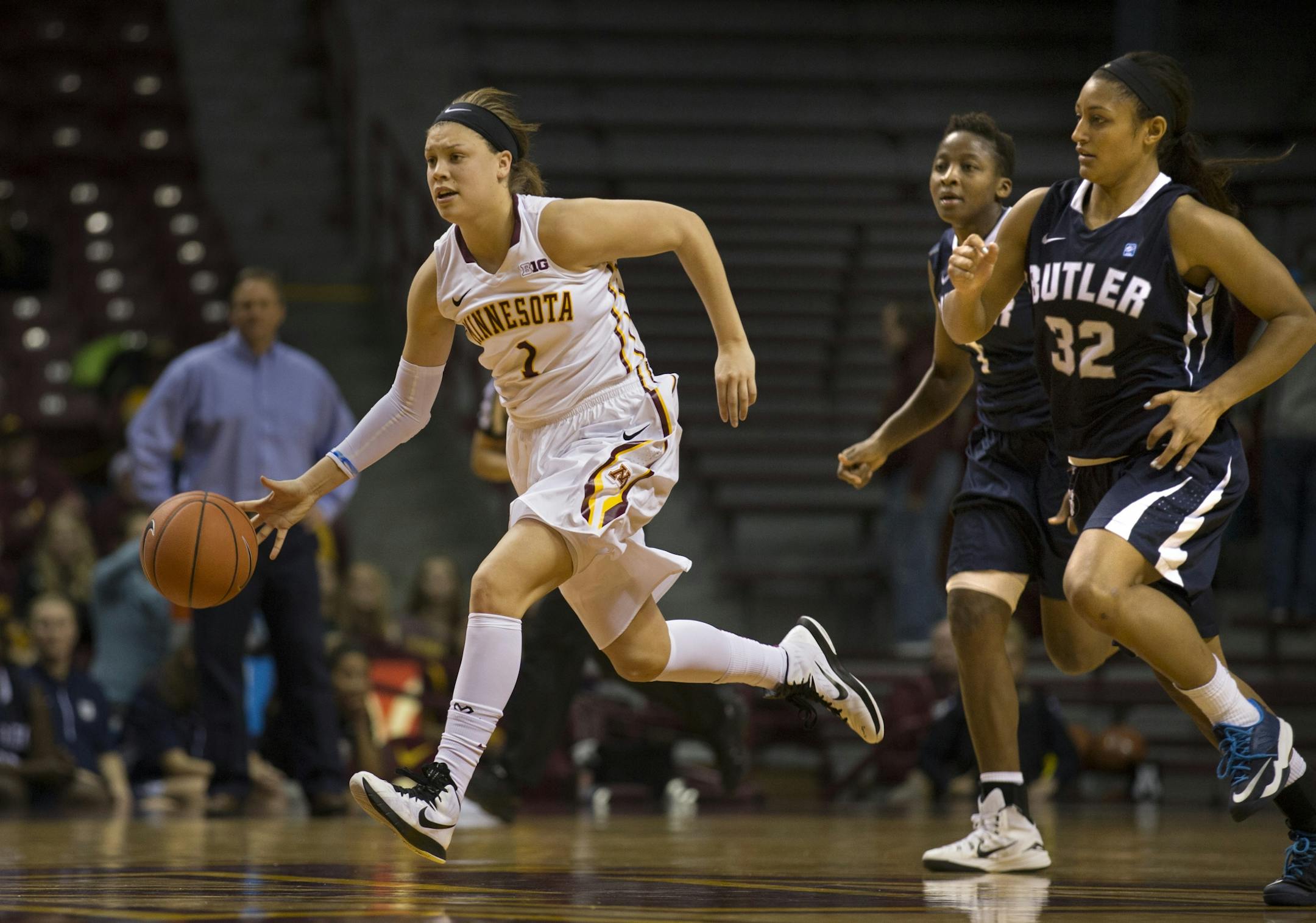 Rachel Banham breaks away from the Butler defense in overtime against Butler earlier this season. Banham was injured Wednesday night against North Dakota.