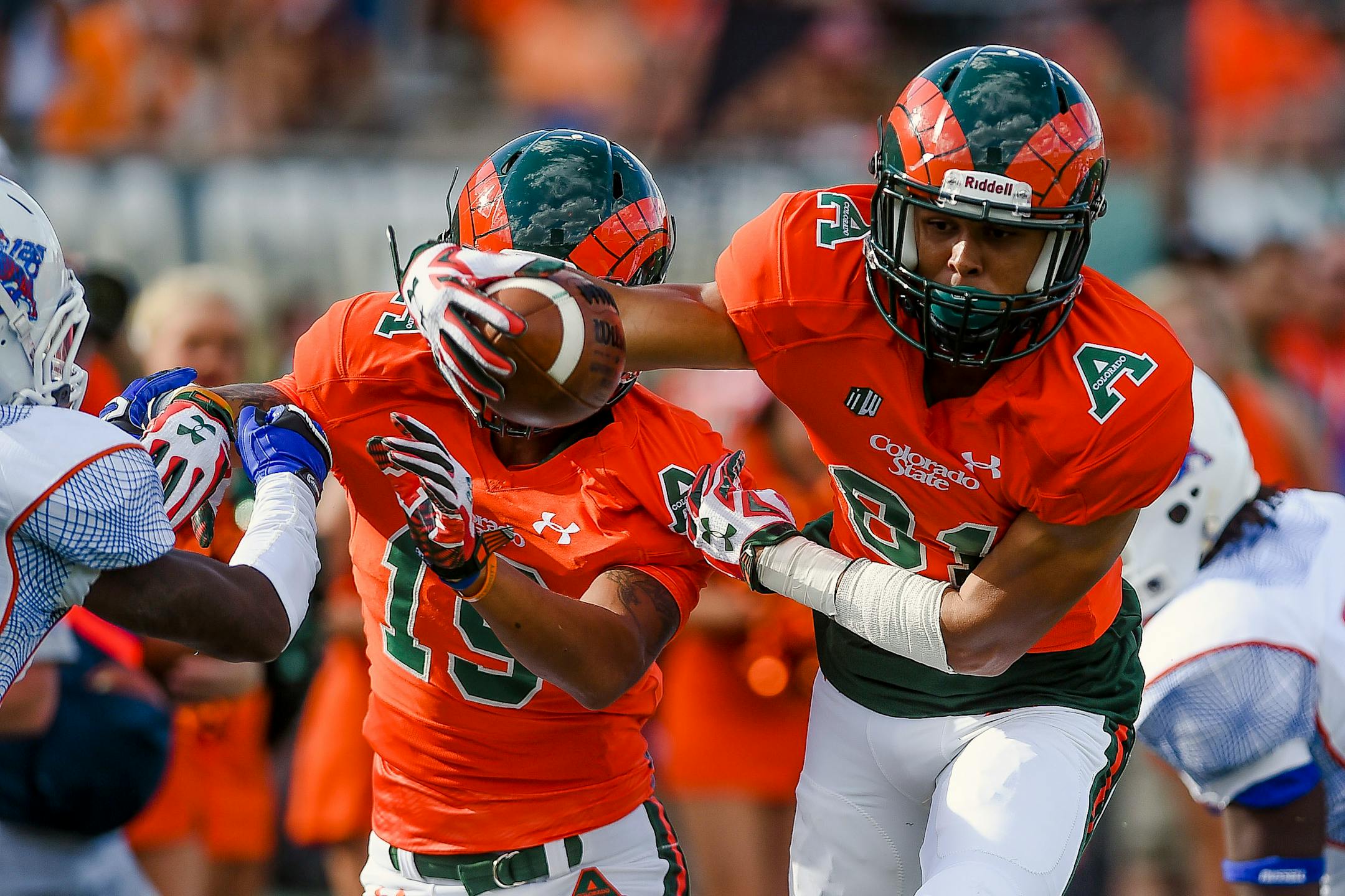 Colorado State's Olabisi Johnson, (81) dives into the end zone for a touchdown against Savannah State during an NCAA college football game, Saturday, Sept. 5, 2015, at Hughes Stadium in Fort Collins, Colo.