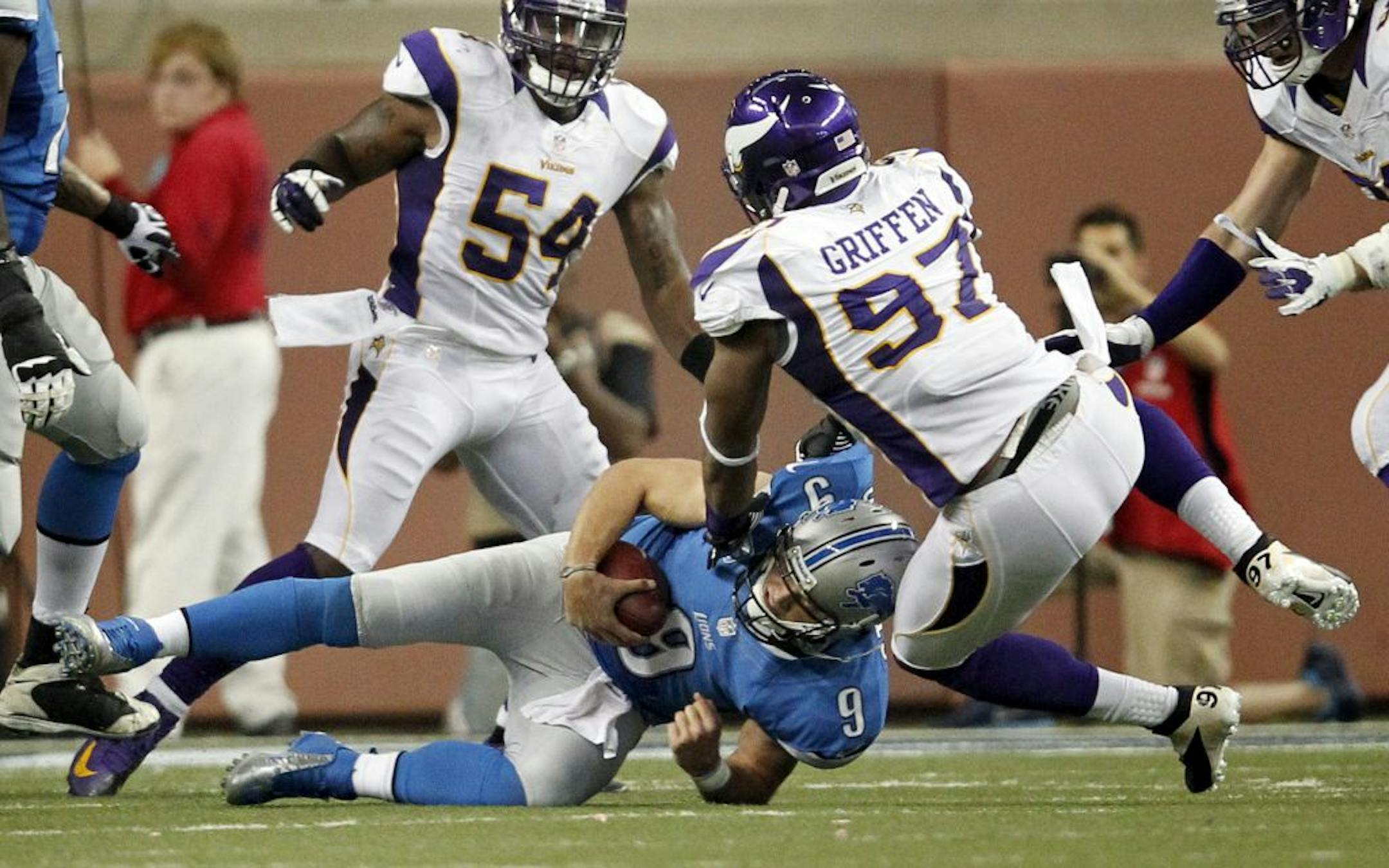 Everson Griffen sacked Lions quarterback Matthew Stafford.