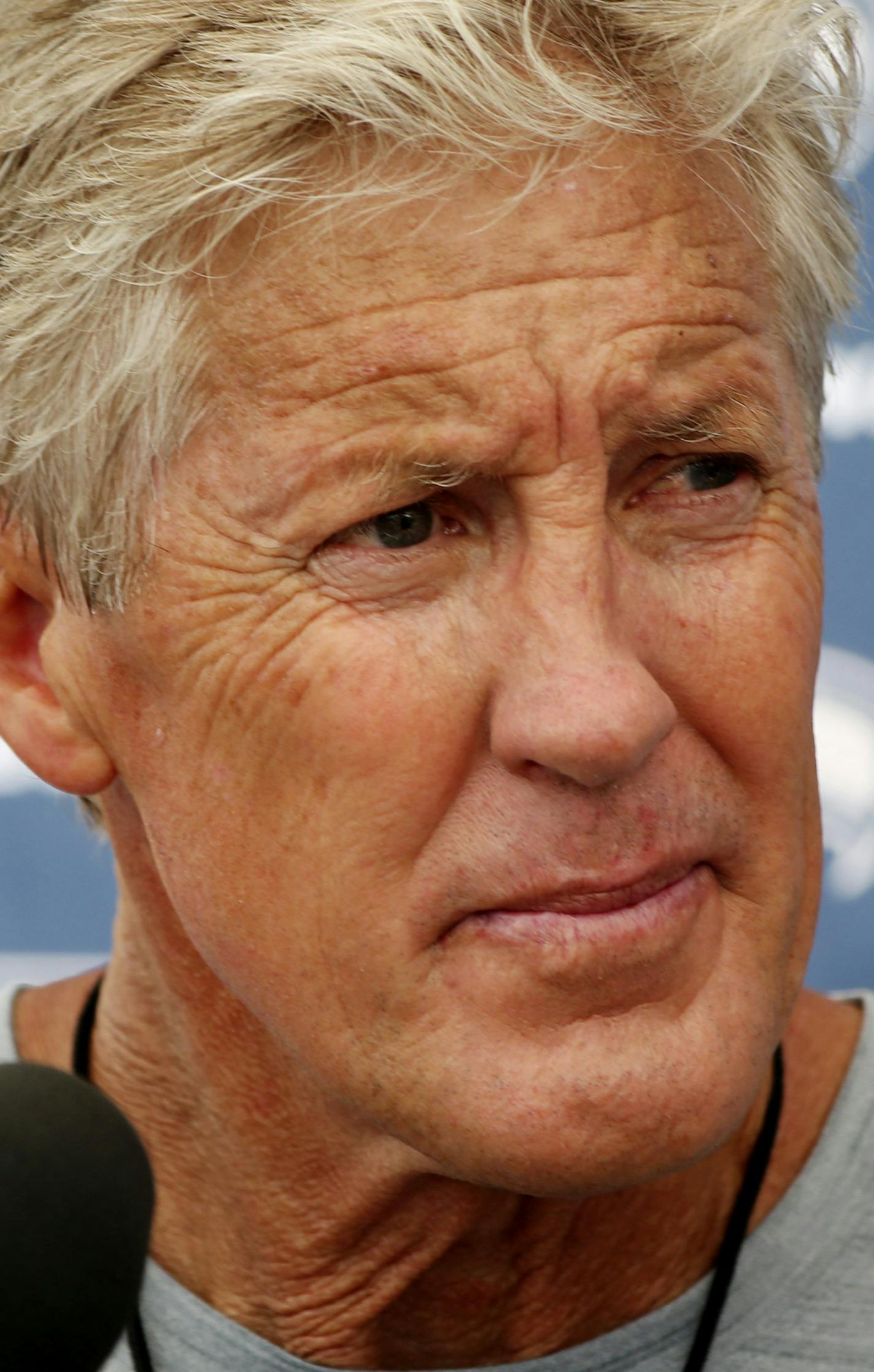 Seattle Seahawks coach Pete Carroll listens to a reporter's question after practice at NFL football training camp, Thursday, Aug. 3, 2017, in Renton, Wash. (Ken Lambert/The Seattle Times via AP)