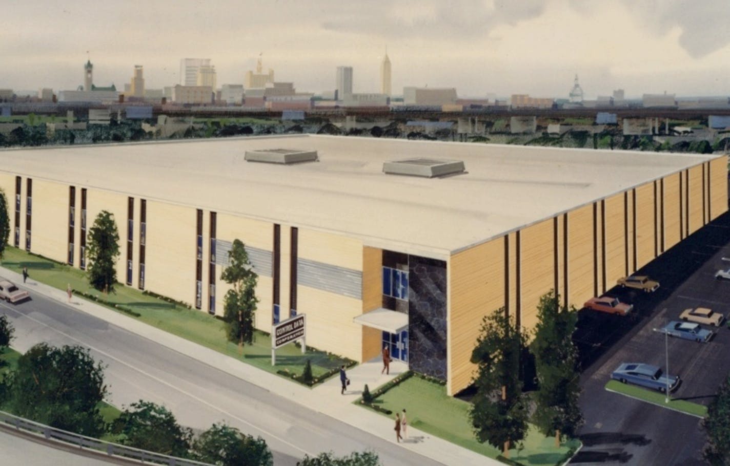 Rendering shows the Control Data Corp. Northside plant in Minneapolis before its construction in 1967 and 1968. The plant closed when the company declined in the 1980s and the building today houses a school.