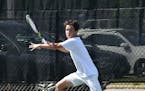 Edina sophomore Matthew Fullerton prepares to hit a forehand in the Section 6, 2A championship match