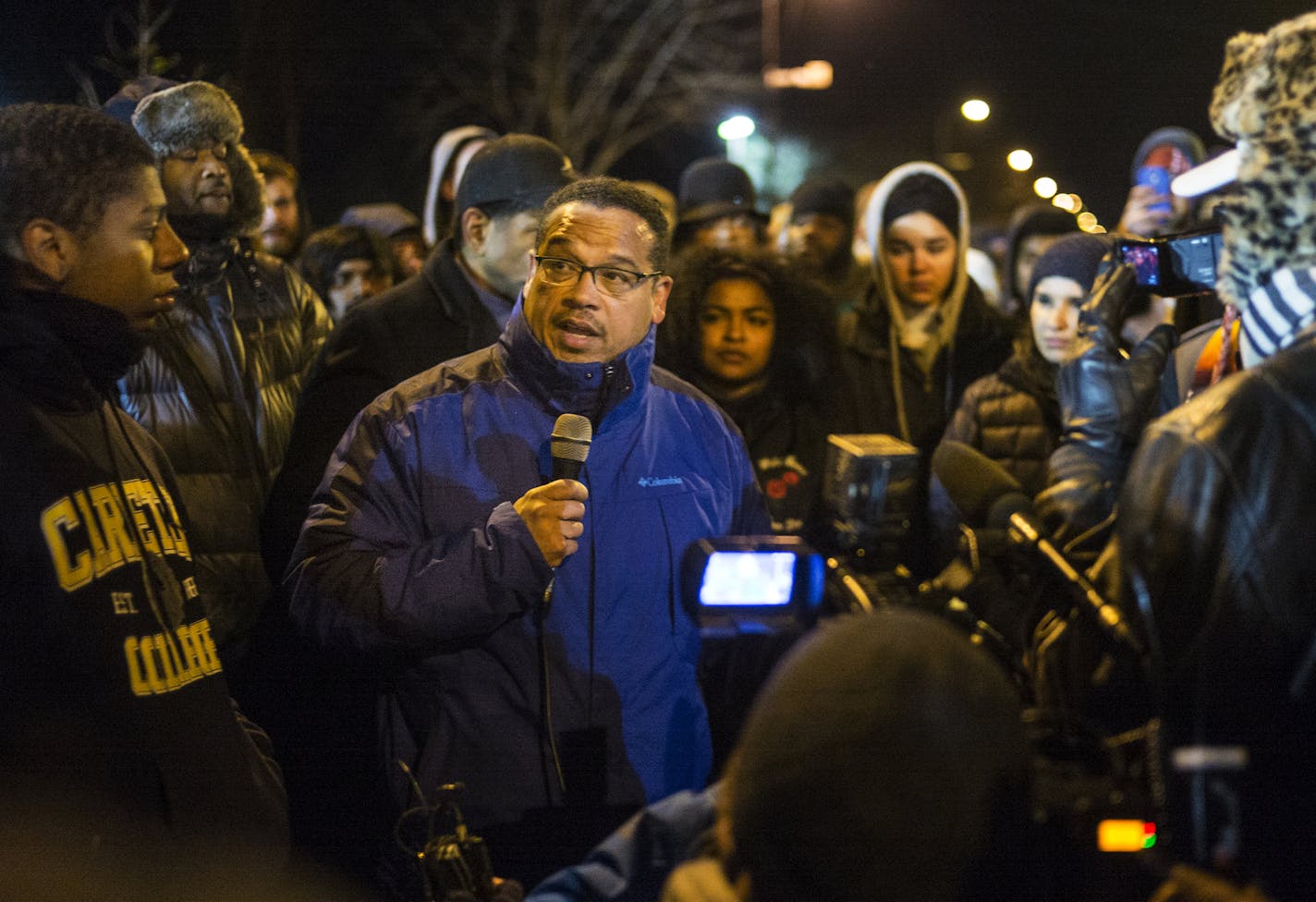 U.S. Rep. Keith Ellison, D-Minn., spoke to demonstrators Thursday evening outside 4th Precinct headquarters in Minneapolis.