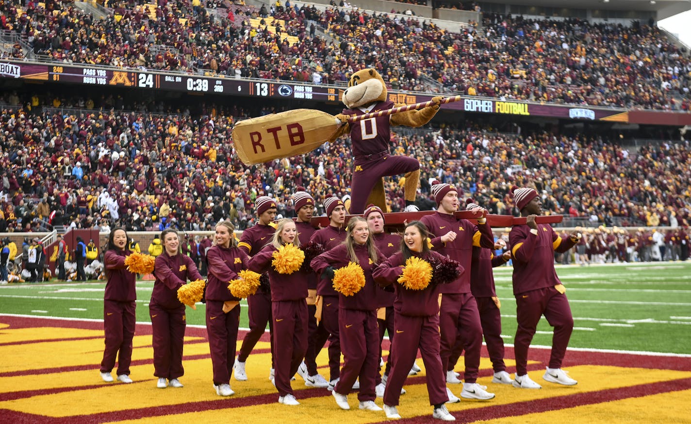 Goldy "rowed the boat" with the cheer squad during a break in action at Saturday's game. ] Aaron Lavinsky &#x2022; aaron.lavinsky@startribune.com The Minnesota Gophers played the Penn State Nittany Lions on Saturday, Nov. 9, 2019 at TCF Bank Stadium in Minneapolis, Minn.