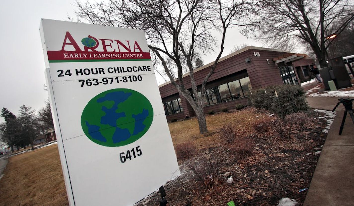 The doors were locked at the Arena Early Learning Center in Brooklyn Center Wednesday. The child care center, with a long history of regulatory problems dating to 2006, was closed by the Minnesota Department of Human Services.