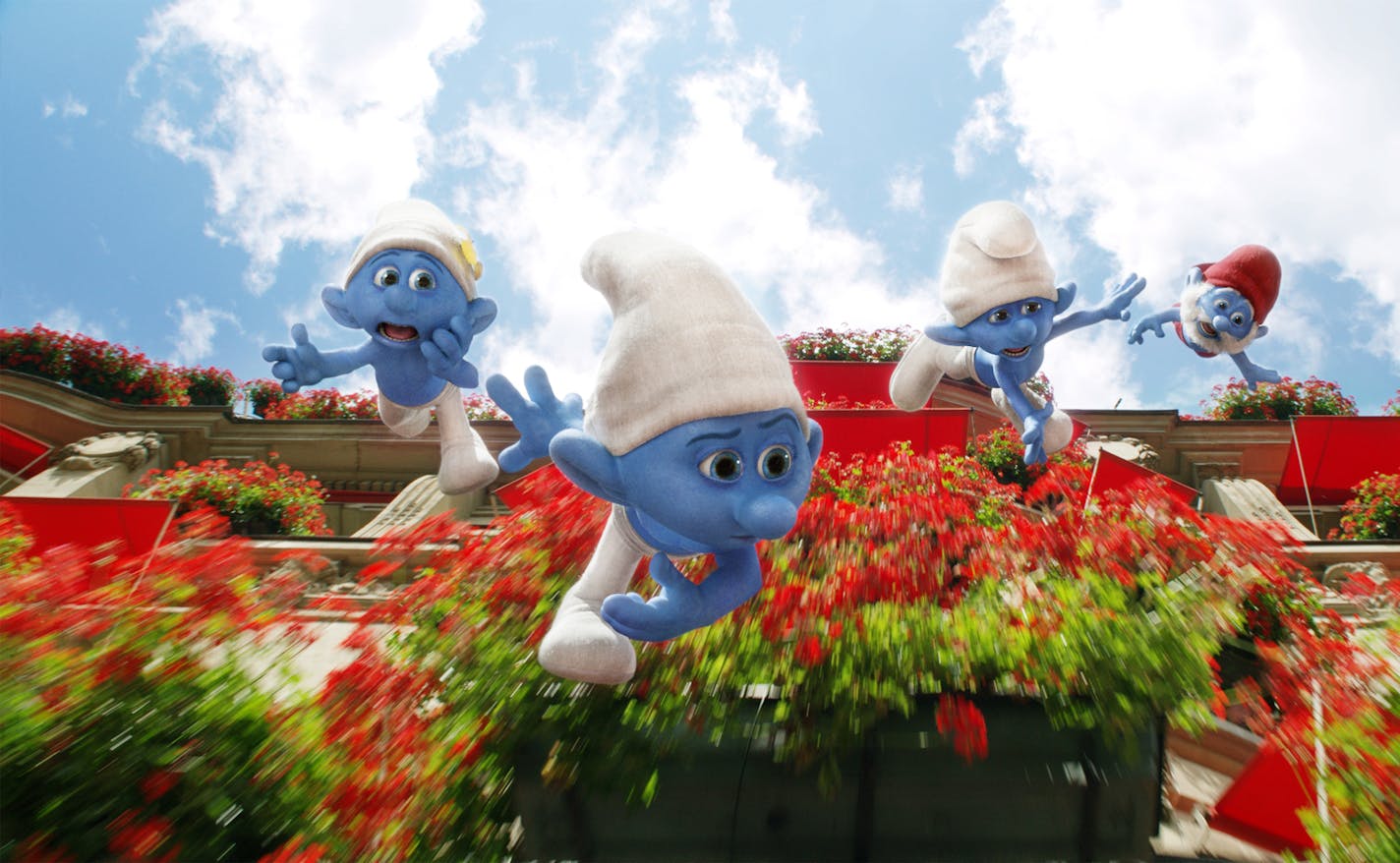 Vanity (John Oliver), Grouchy (George Lopez), Clumsy (Anton Yelchin) and Papa Smurf (Jonathan Winters) in Columbia Pictures and Sony Pictures Animation's SMURFS 2.