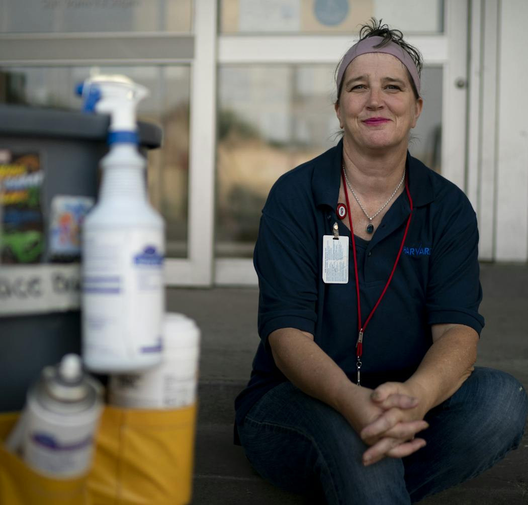 Sarah Fourre is a contract janitorial staffer who cleans Whittier Clinic in Minneapolis at night.