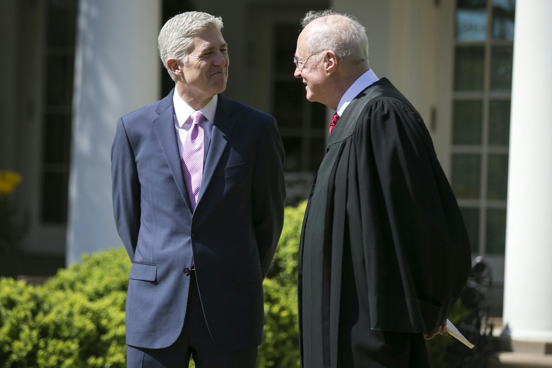 Supreme Court Justice Anthony Kennedy swore in his former law clerk and the newest justice, Neil Gorsuch, on Monday.