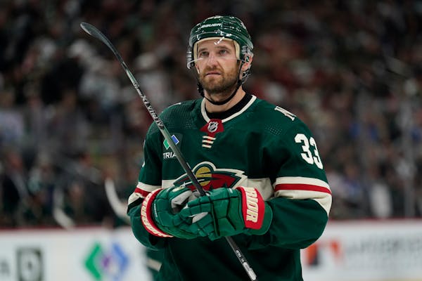 Minnesota Wild defenseman Alex Goligoski looks up during the second period of the team's NHL hockey game against the New York Rangers, Thursday, Oct. 