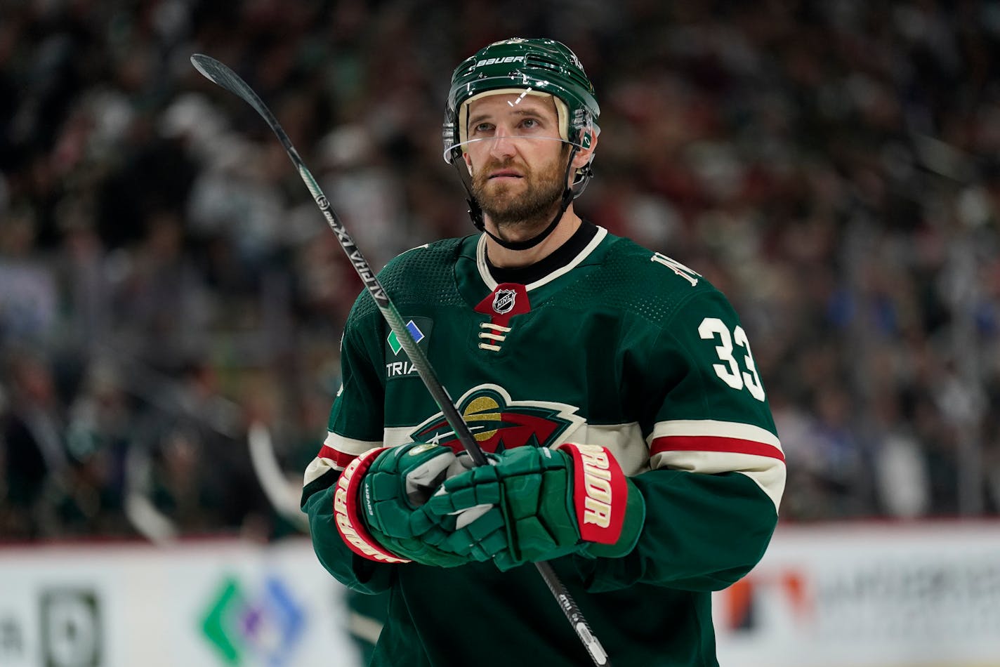 Minnesota Wild defenseman Alex Goligoski looks up during the second period of the team's NHL hockey game against the New York Rangers, Thursday, Oct. 13, 2022, in St. Paul, Minn. (AP Photo/Abbie Parr)