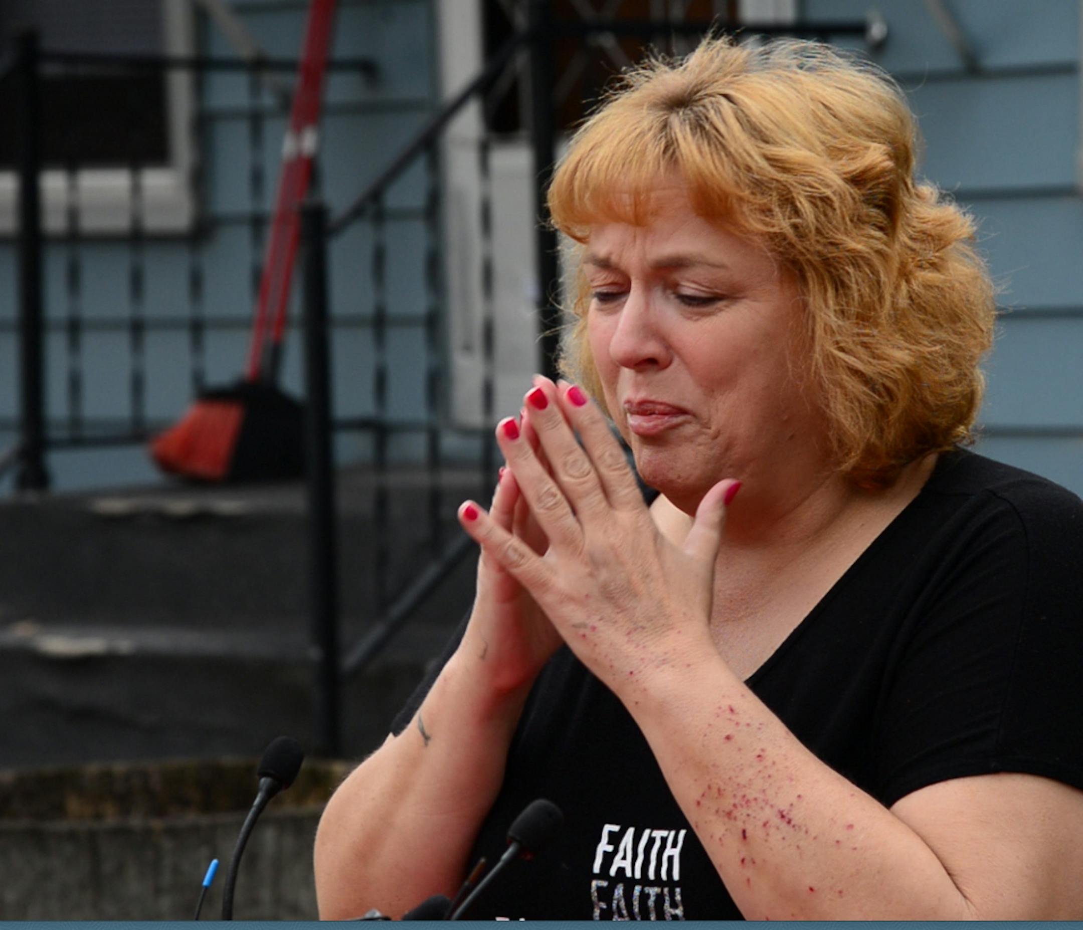 Jenney Damerow Cleven recalled the shooting scene and broke down while talking about how she and her boyfriend were shot by the neighbor across the street . Her boyfriend Todd G. Stevens was the killed in shooting over an argument over feeding deer ]Richard.Sennott@startribune.com Richard Sennott/Star Tribune New Brighton Minn. Wednesday 5/07/2014) ** (cq)