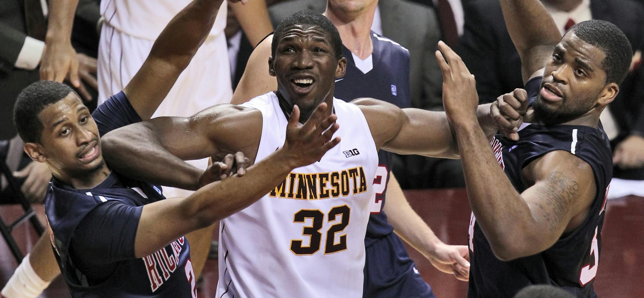 Forward Trevor Mbakwe (32) has the speed to keep up when the Gophers use a small lineup and the bulk to bang with opposing centers.