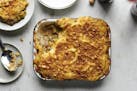 A leek and mushroom cottage pie in New York, Dec. 2018. Food styling by Simon Andrews. Meaty mushrooms and saut&#xe9;ed leeks are tucked under a cover