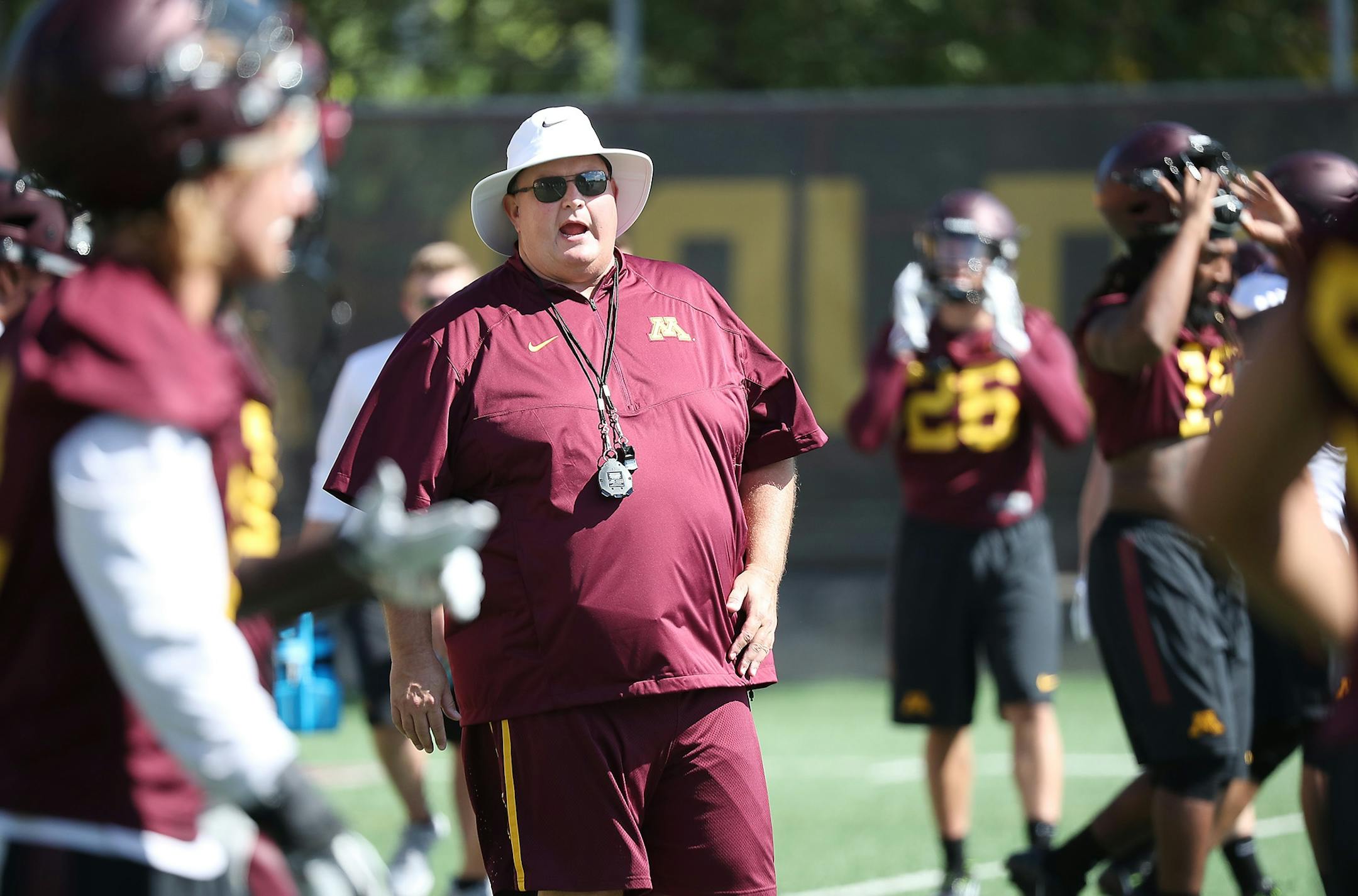 Minnesota Gophers head coach Tracy Claeys took to the field for the second day of practice, Saturday, August 6, 2016 at Bierman Field in Minneapolis, MN.