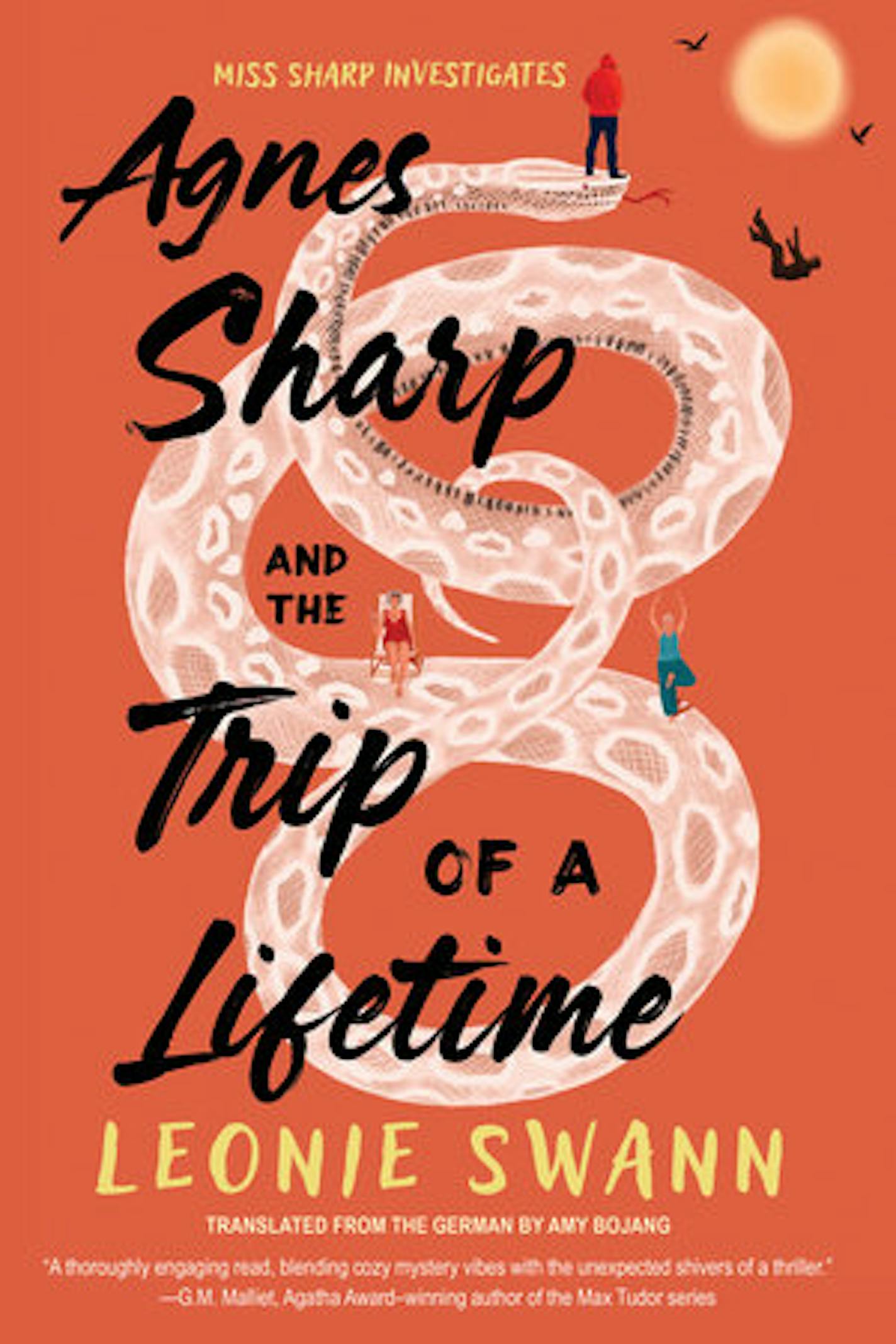 cover of Agnes Sharp and the Trip of a Lifetime features cartoons of several characters and a snake, on an orange background