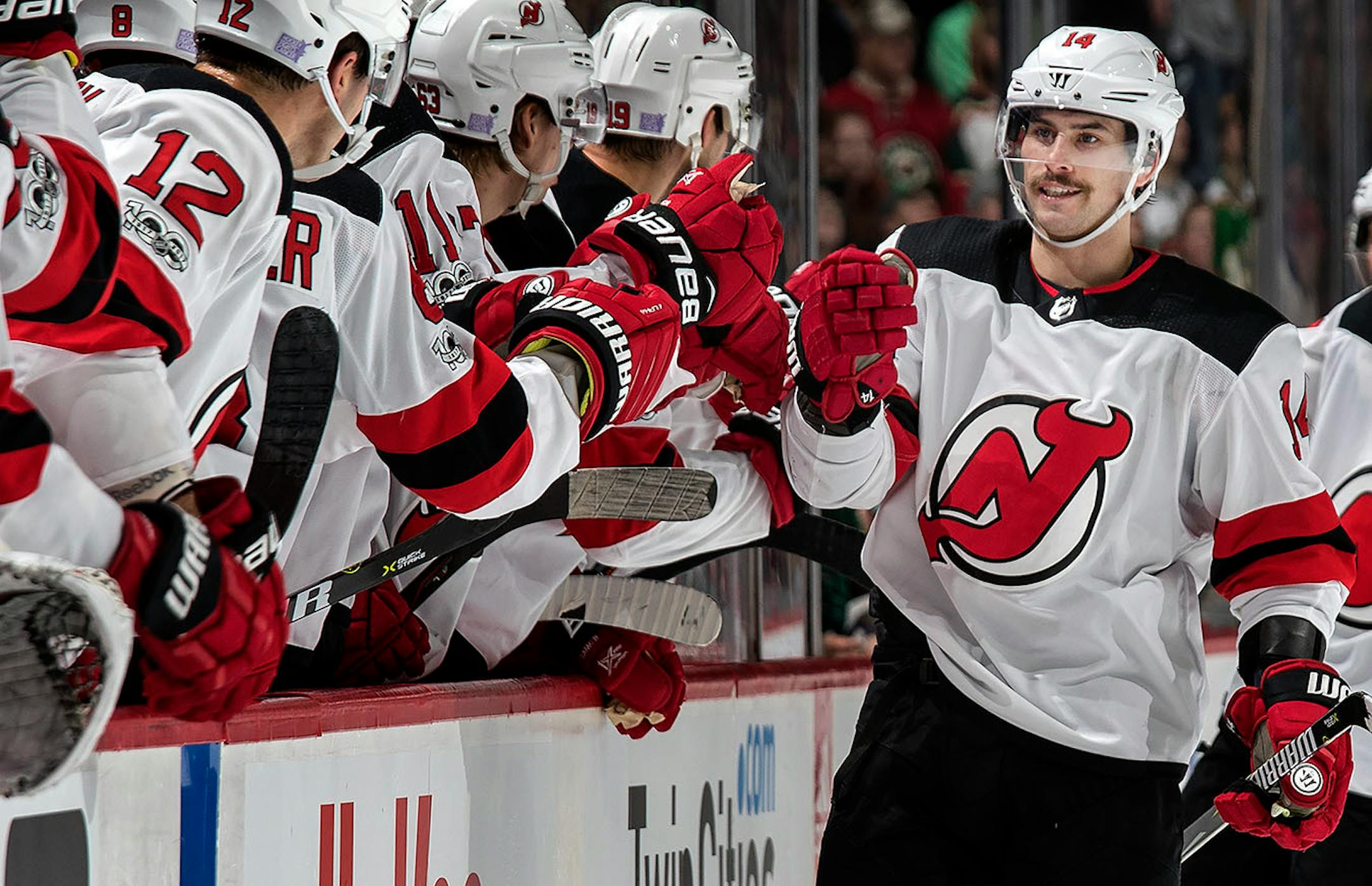Adam Henrique (14) celebrated with teammates after scoring a goal in the first period. ] CARLOS GONZALEZ ï cgonzalez@startribune.com - November 20, 2017, St. Paul, MN, Xcel Energy Center, NHL, Hockey, Minnesota Wild vs. New Jersey Devils