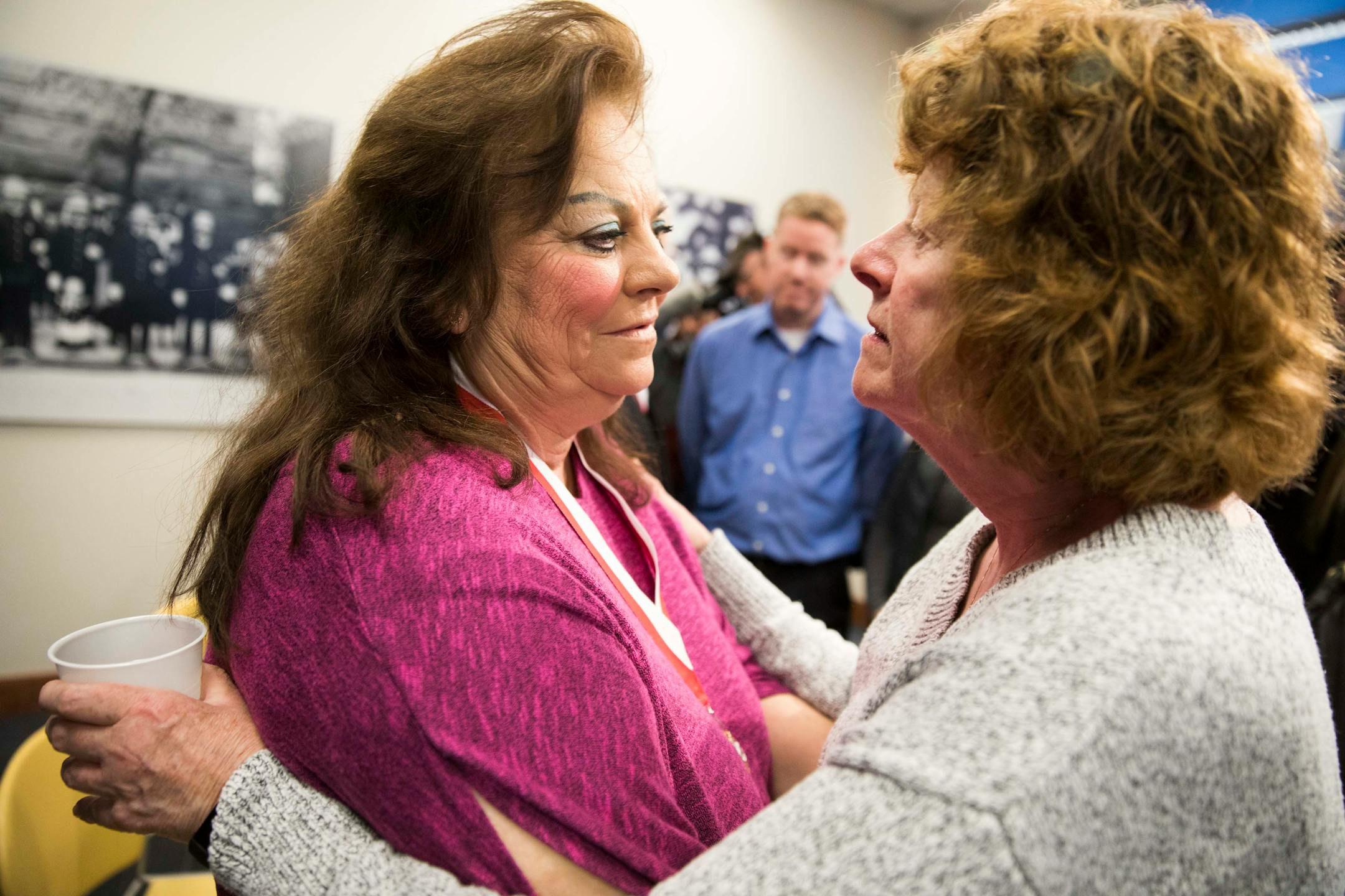 Dorothy Noga, the civilian who helped break the case, gets a hug from Kathy White, Cassie Hansen's aunt, after the ceremony. ] LEILA NAVIDI ï leila.navidi@startribune.com BACKGROUND INFORMATION: Thirty-six years after 6-year-old Cassie Hansen was kidnapped, strangled and left in dumpster, the team of officers and a civilian will be recognized for breaking one of St. Paul's most infamous murder cases during a ceremony at St. Paul Police Department's Western District office on Wednesday, December