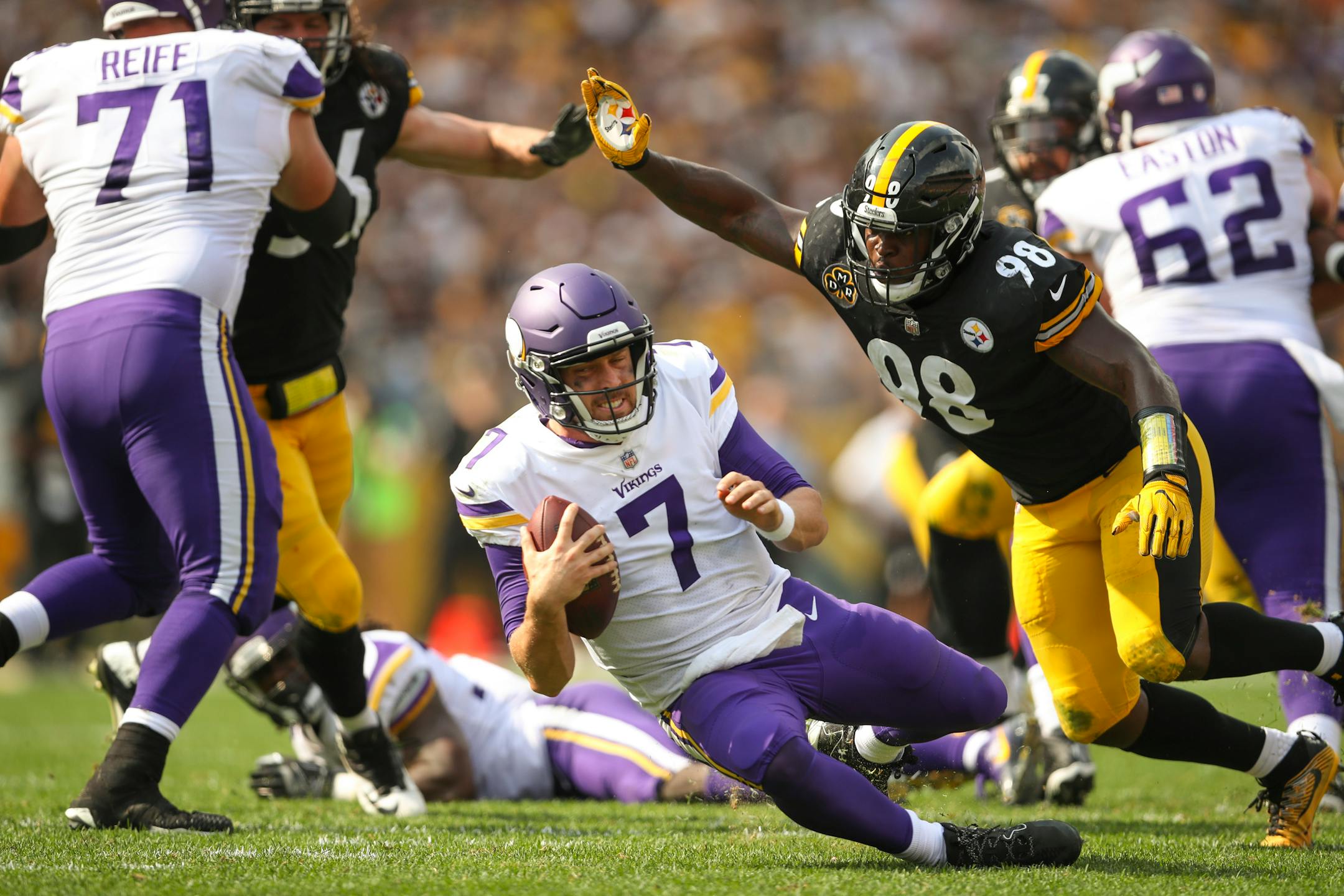 Vikings quarterback Case Keenum lost his footing while dropping back to pass in the third quarter and was smothered by Pittsburgh inside linebacker Vince Williams