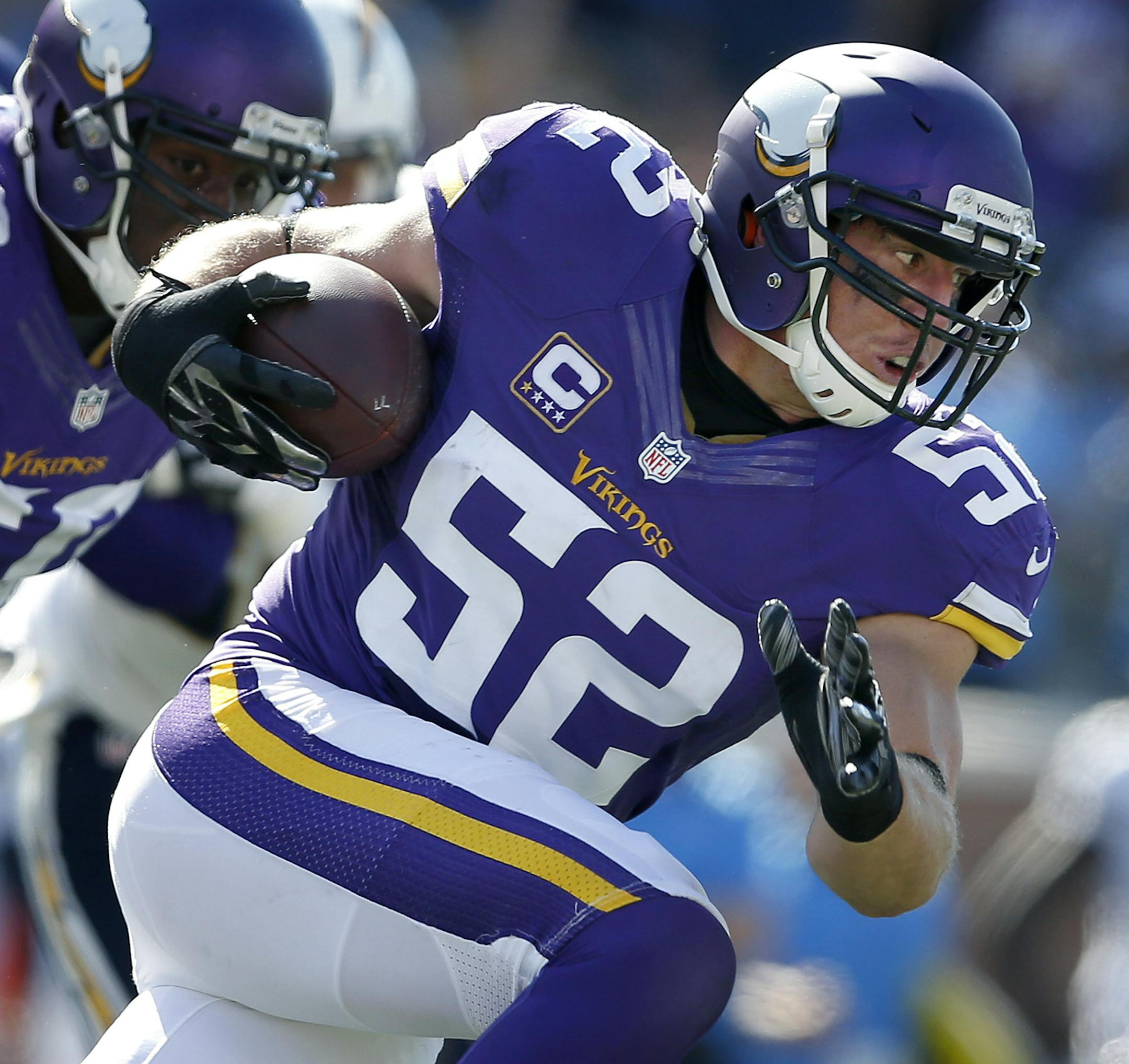 Minnesota Vikings linebacker Chad Greenway (52) runs during an interception return for a 91-yard touchdown during the fourth quarter on Sunday, Sept. 27, 2015, at TCF Bank Stadium in Minneapolis. (Carlos Gonzalez/Minneapolis Star Tribune/TNS) ORG XMIT: 1174378