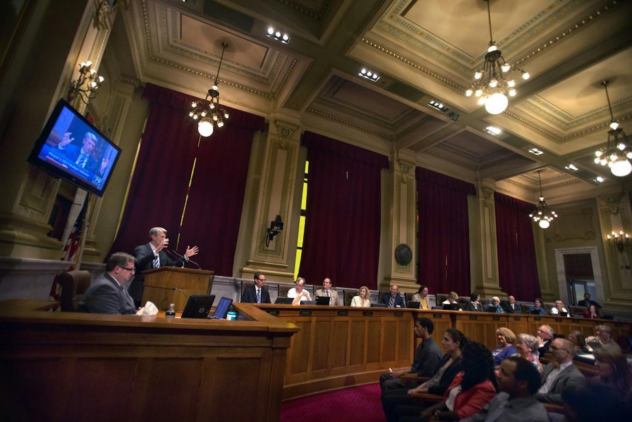 Mayor R. T. Rybak gestured as he presented his 2013 Budget Address to members of the Minneapolis City Council and a small crowd at City Hall.