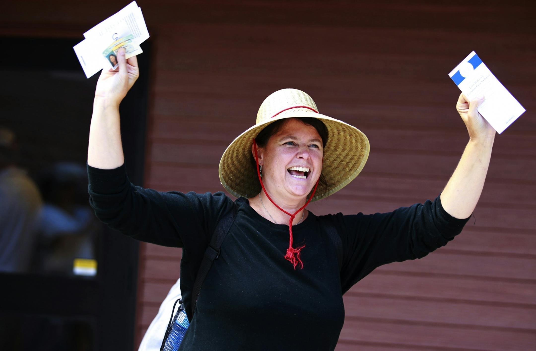 Marci French celebrated Sunday at the Cannon Falls City Hall after she scored tickets for President Obama's meeting on Monday.