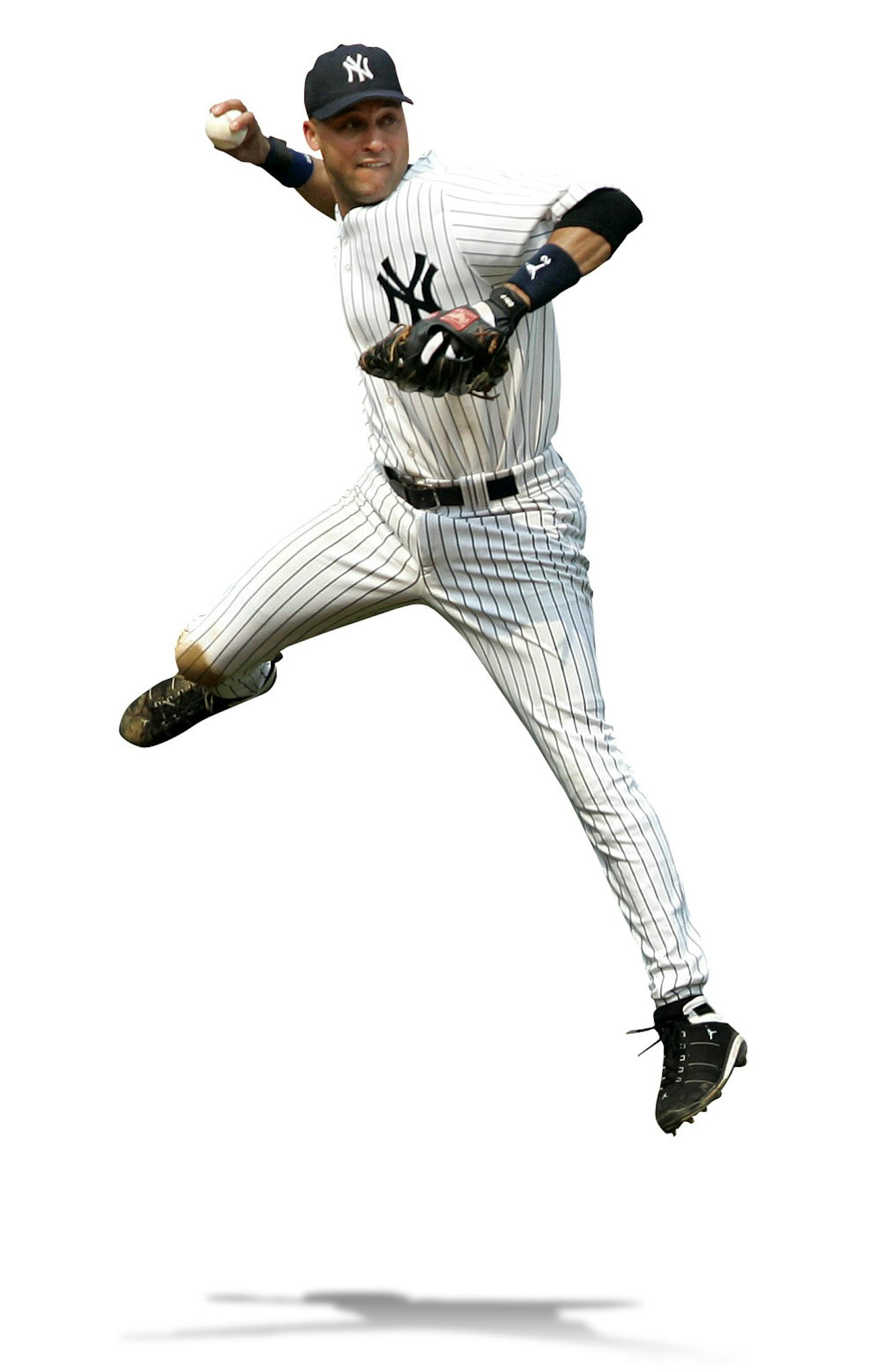 New York Yankees shortstop Derek Jeter throws back to first base for the out off a ground ball in the ninth inning against the Texas Rangers at Yankee Stadium in New York, Saturday, Aug. 13, 2005. (AP Photo/Gregory Bull) ORG XMIT: NYGB106