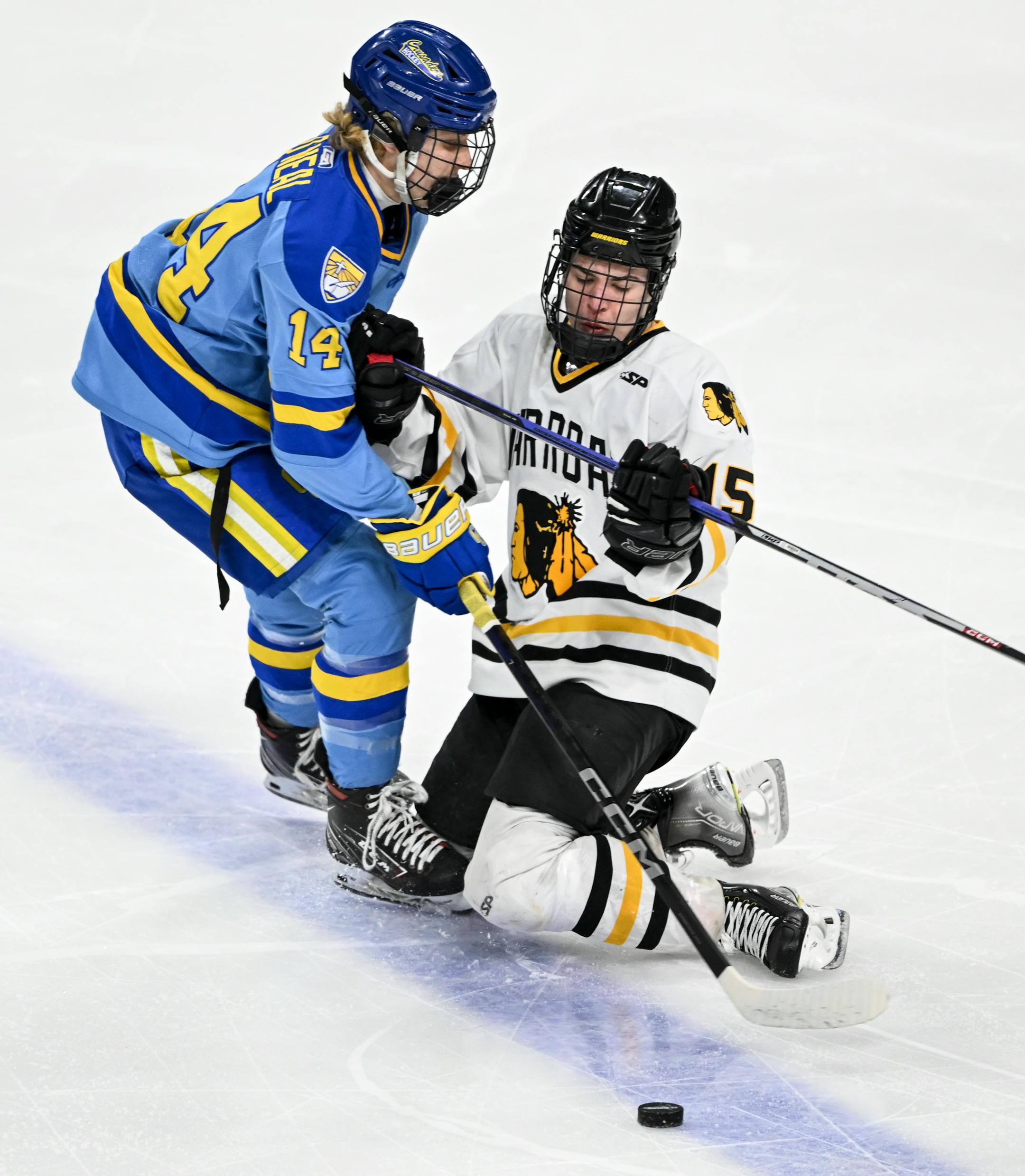 St. Cloud Cathedral forward Philip O'Neal (14) and Warroad forward Taven James (15) battle for the puck during the third period.