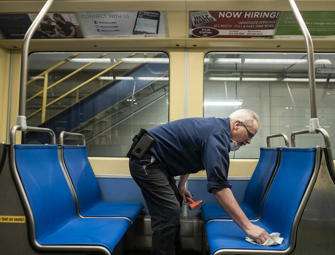 Electromechanical technician Timothy Malmstedt disassembled old cloth seats and installed new plastic seats as part of a test program to try seats that are easier to maintain.] Metro Transit is testing out plastic seats in some light rail vehicles to see if passengers prefer them to the cloth seats that now cover the seats. Metro Transit says plastic seats are easier to maintain, the agency says.RICHARD TSONG-TAATARII &#xa5; richard.tsong-taatarii@startribune.com