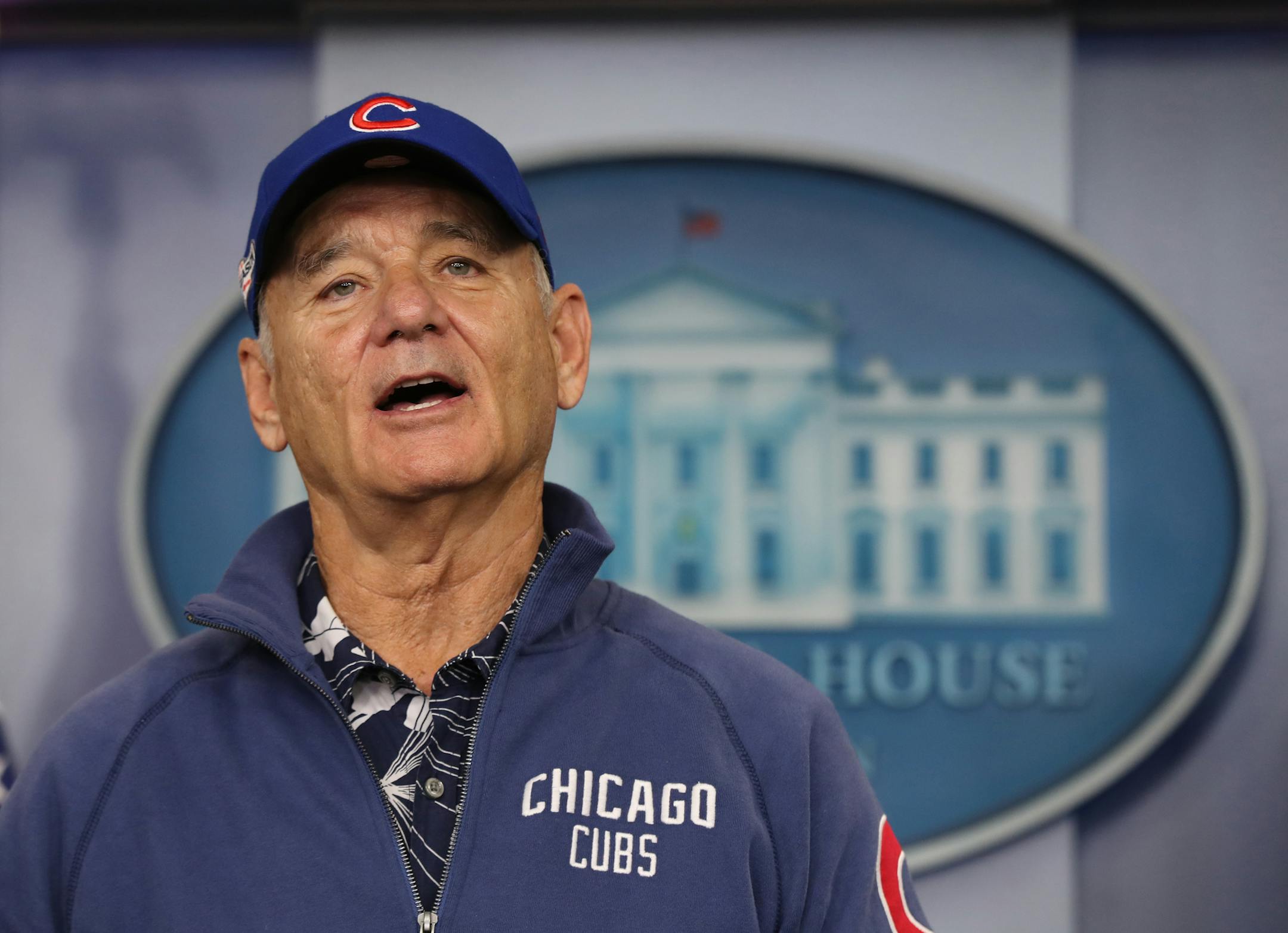 Actor Bill Murray talks during a brief visit in the Brady Press Briefing Room of the White House in Washington, Friday, Oct. 21, 2016. (AP Photo/Manuel Balce Ceneta)
