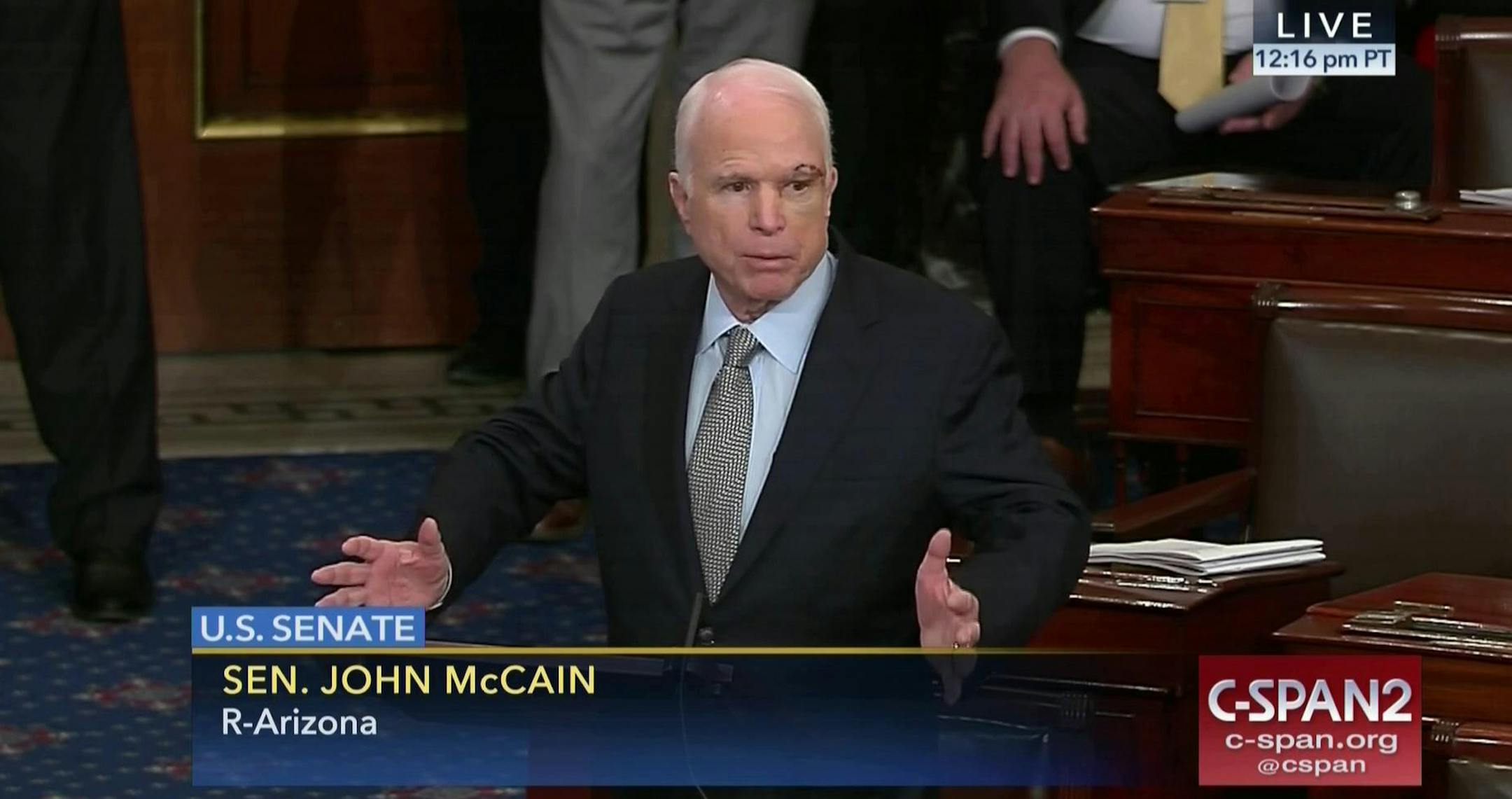 In this image from video provided by C-SPAN2, Sen. John McCain, R-Ariz. speaks the floor of the Senate on Capitol Hill in Washington, Tuesday, July 25, 2017. McCain returned to Congress for the first time since being diagnosed with brain cancer. (C-SPAN2 via AP) ORG XMIT: MIN2017072514443445